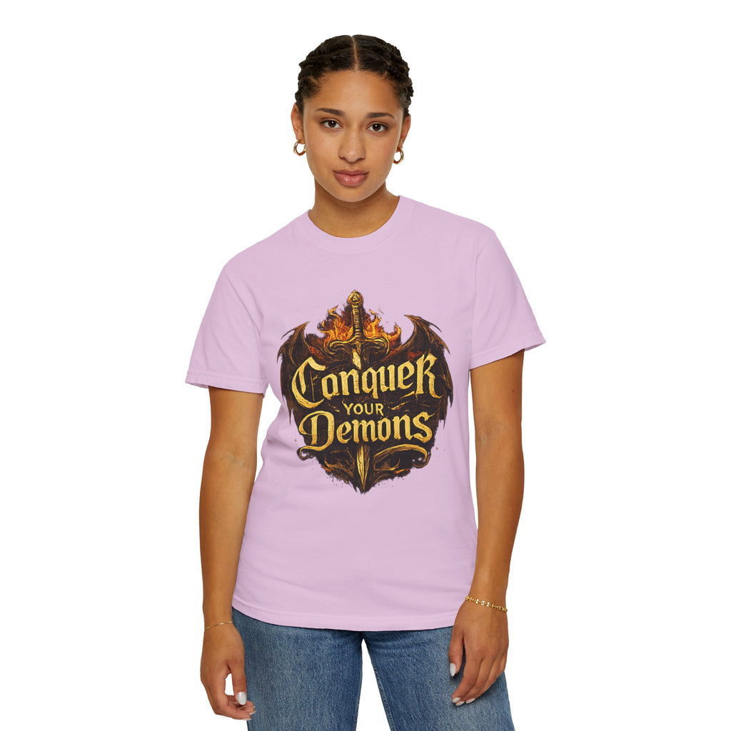 Conquer Your Demons T-Shirt — Gothic Sword & Flames Motivational Tee
