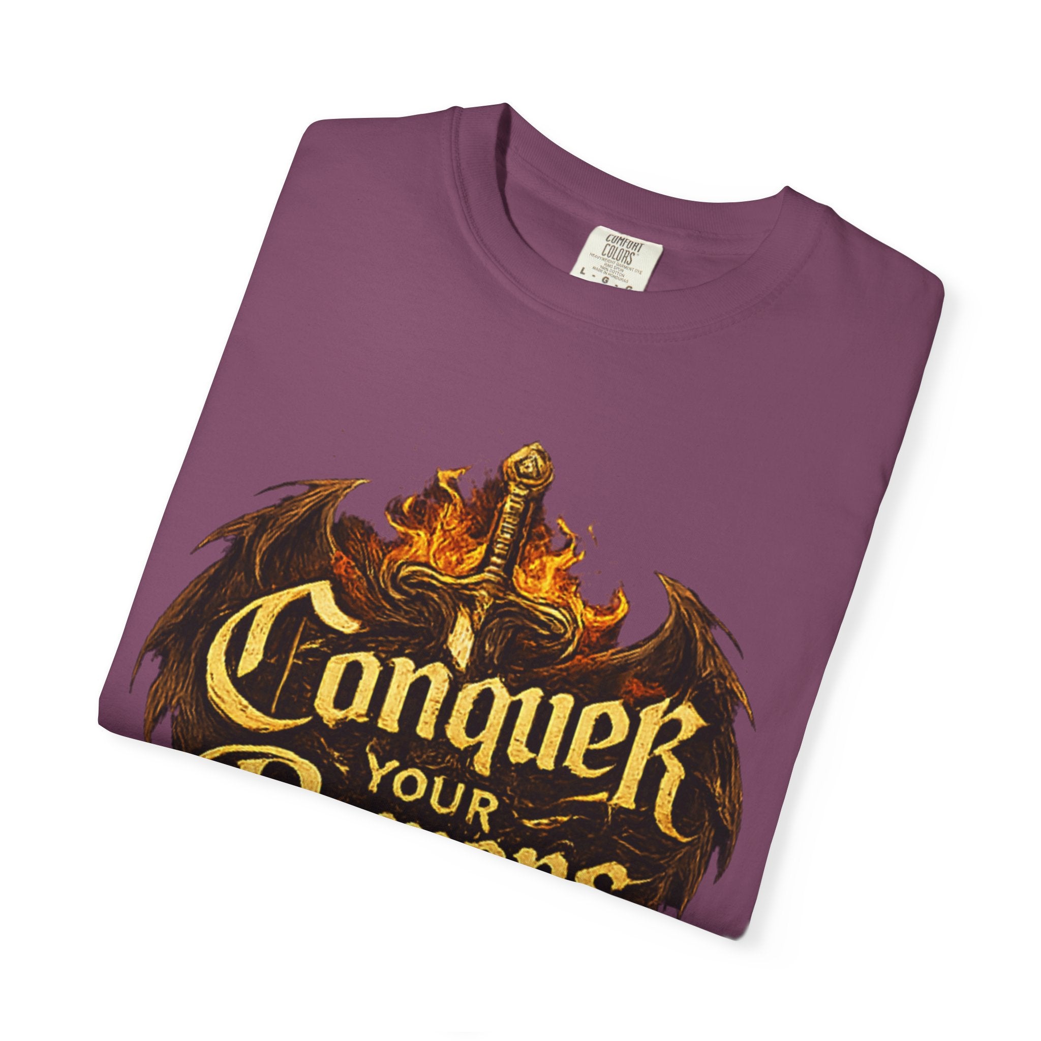 Conquer Your Demons T-Shirt — Gothic Sword & Flames Motivational Tee
