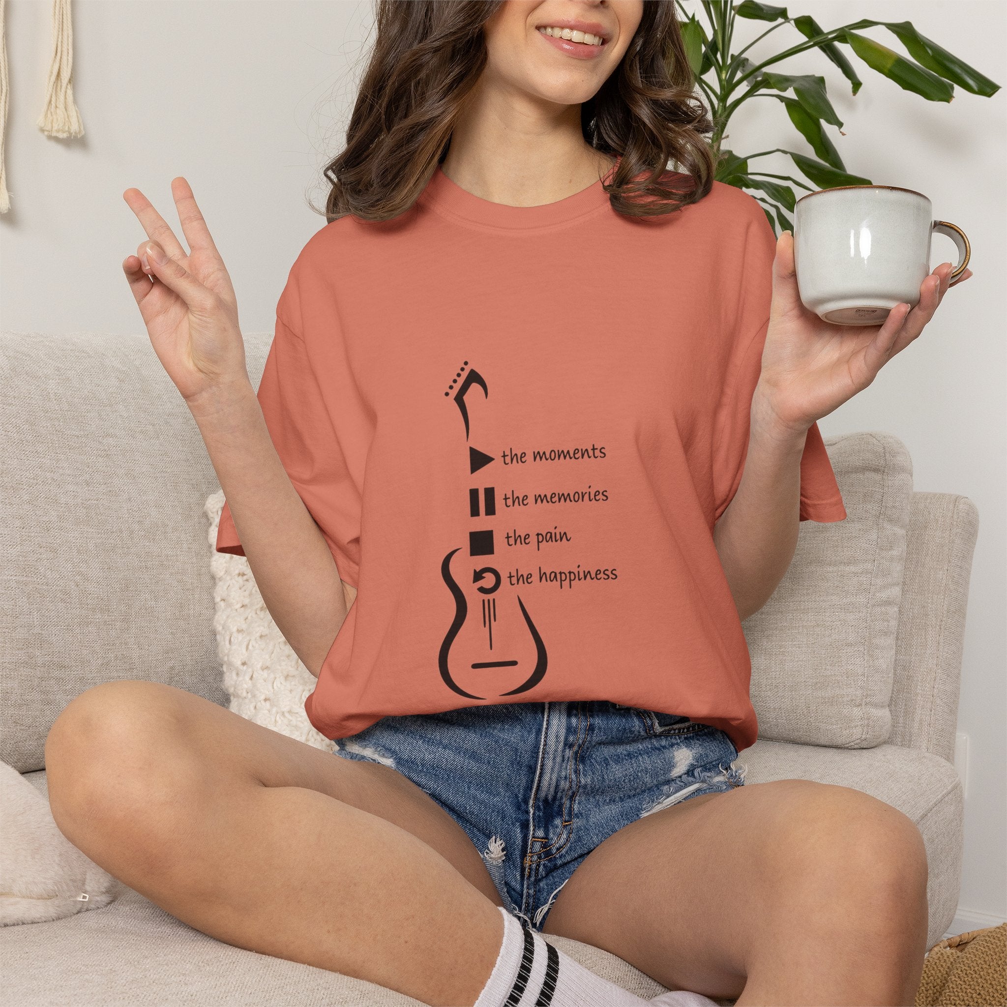 Guitar Silhouette Tee — "Our Moments, Our Memories, Our Music, Our Happiness"