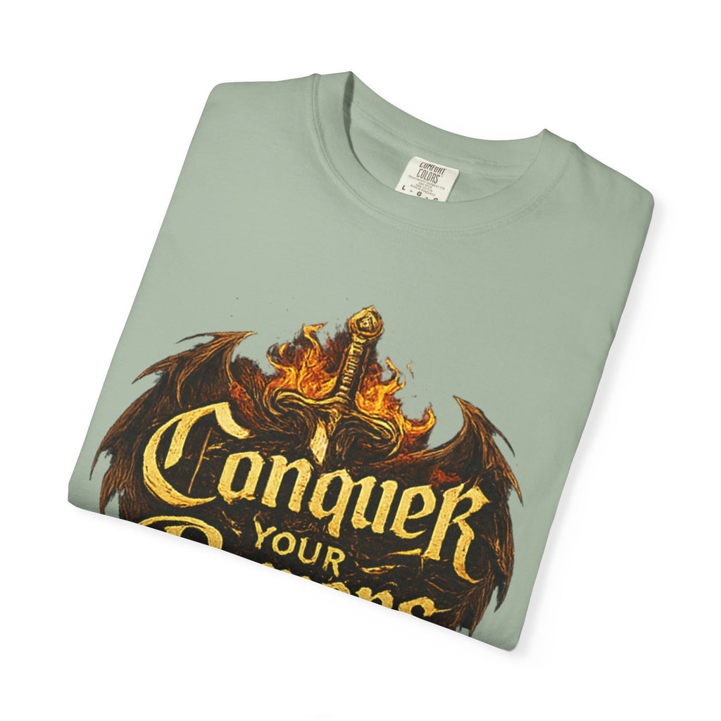 Conquer Your Demons T-Shirt — Gothic Sword & Flames Motivational Tee