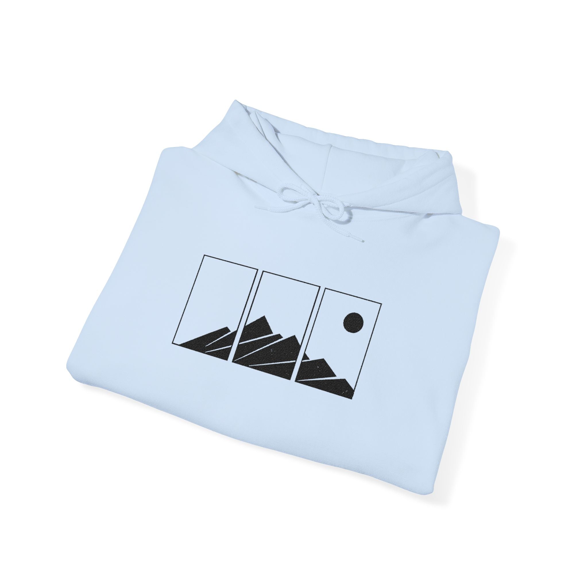 Mountain Triptych Hoodie — Minimalist Scenic Graphic Pullover Embroidered