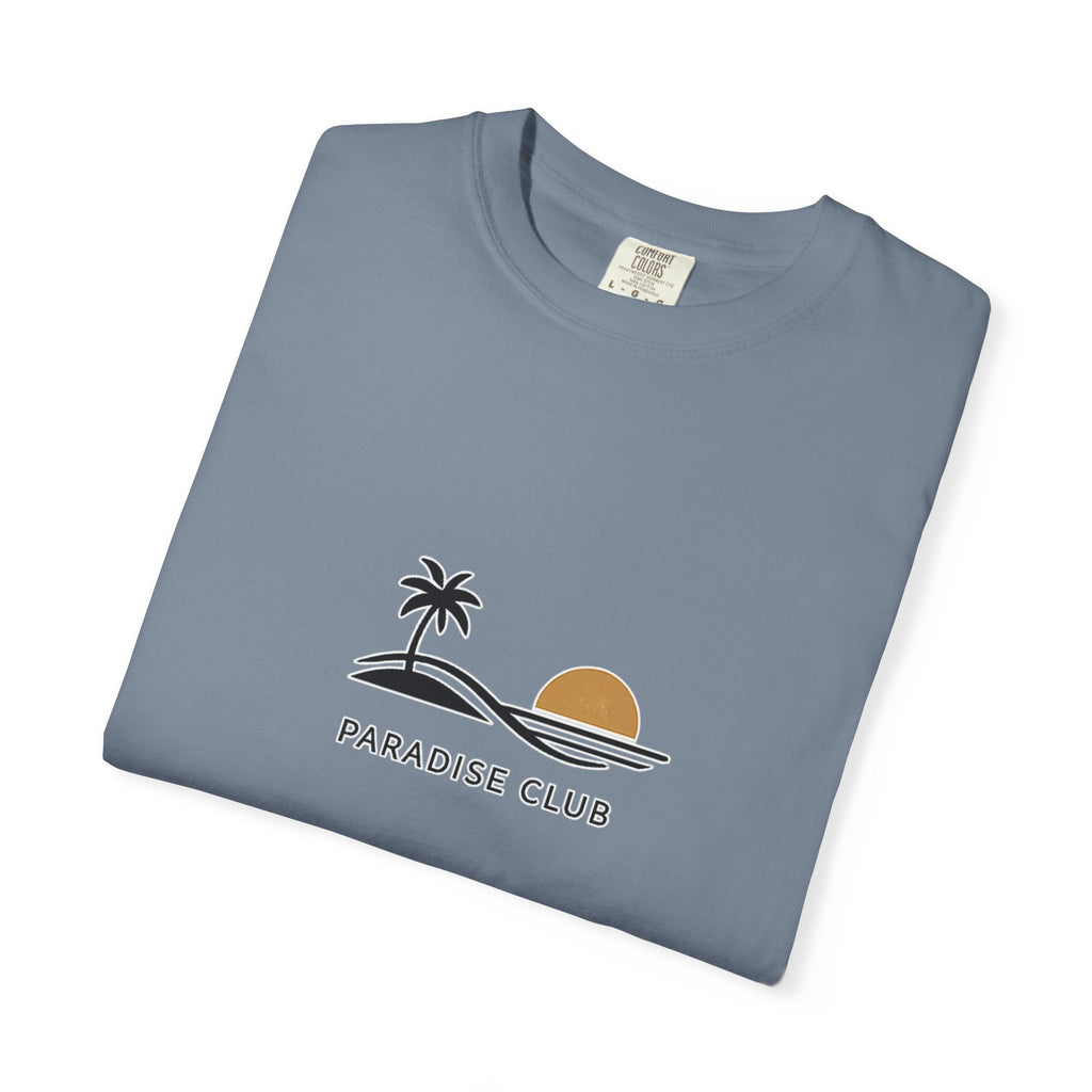 Paradise Club Tee — Minimal Sunset Palm Graphic T-Shirt