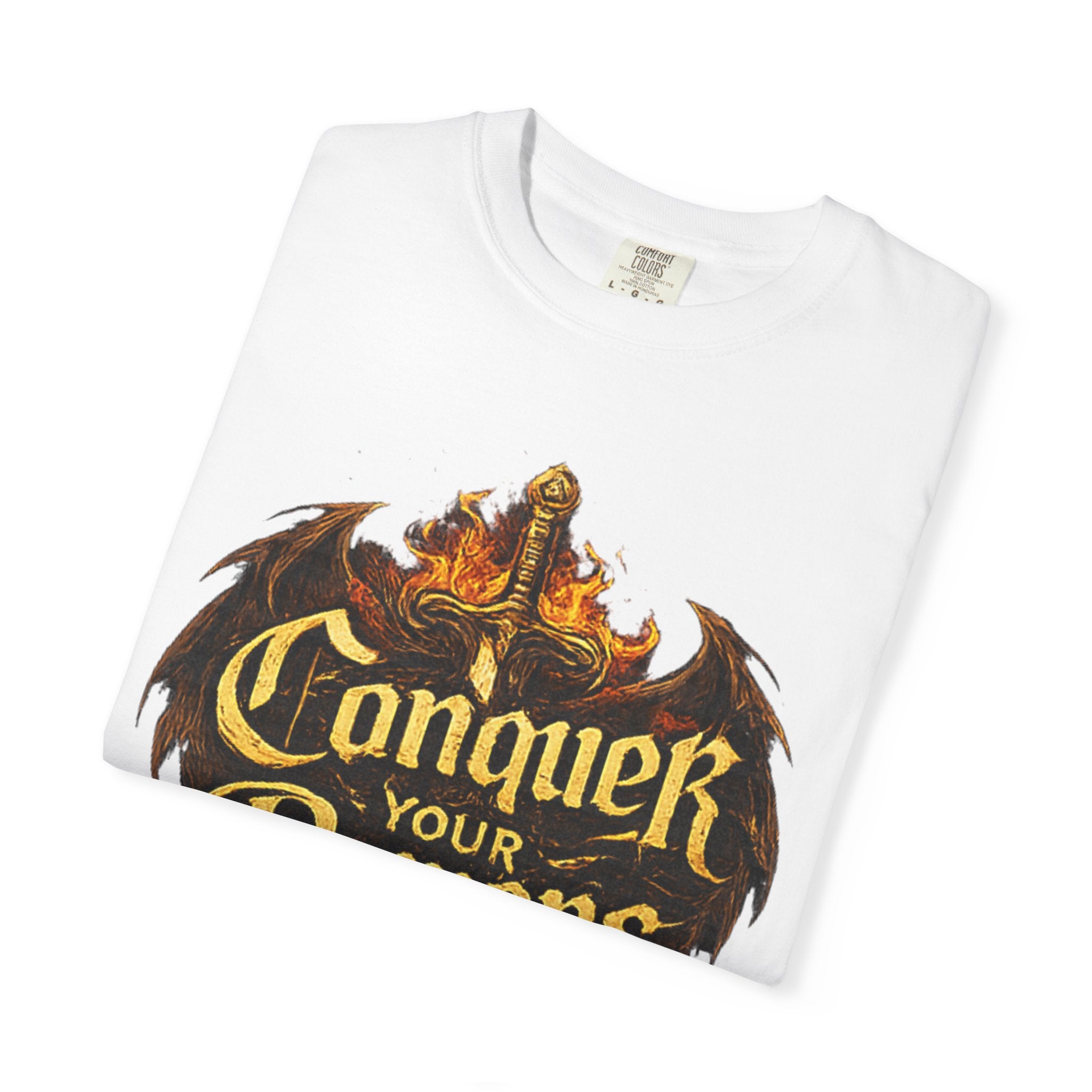 Conquer Your Demons T-Shirt — Gothic Sword & Flames Motivational Tee