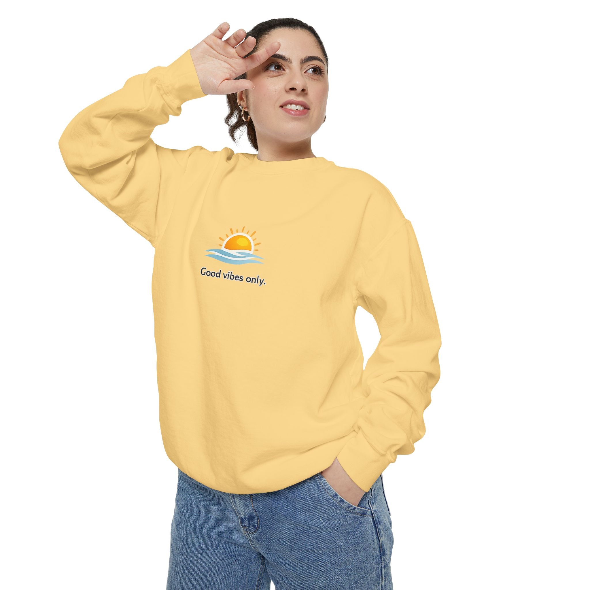 Good Vibes Only Sweatshirt — Sunrise Graphic Cozy Pullover