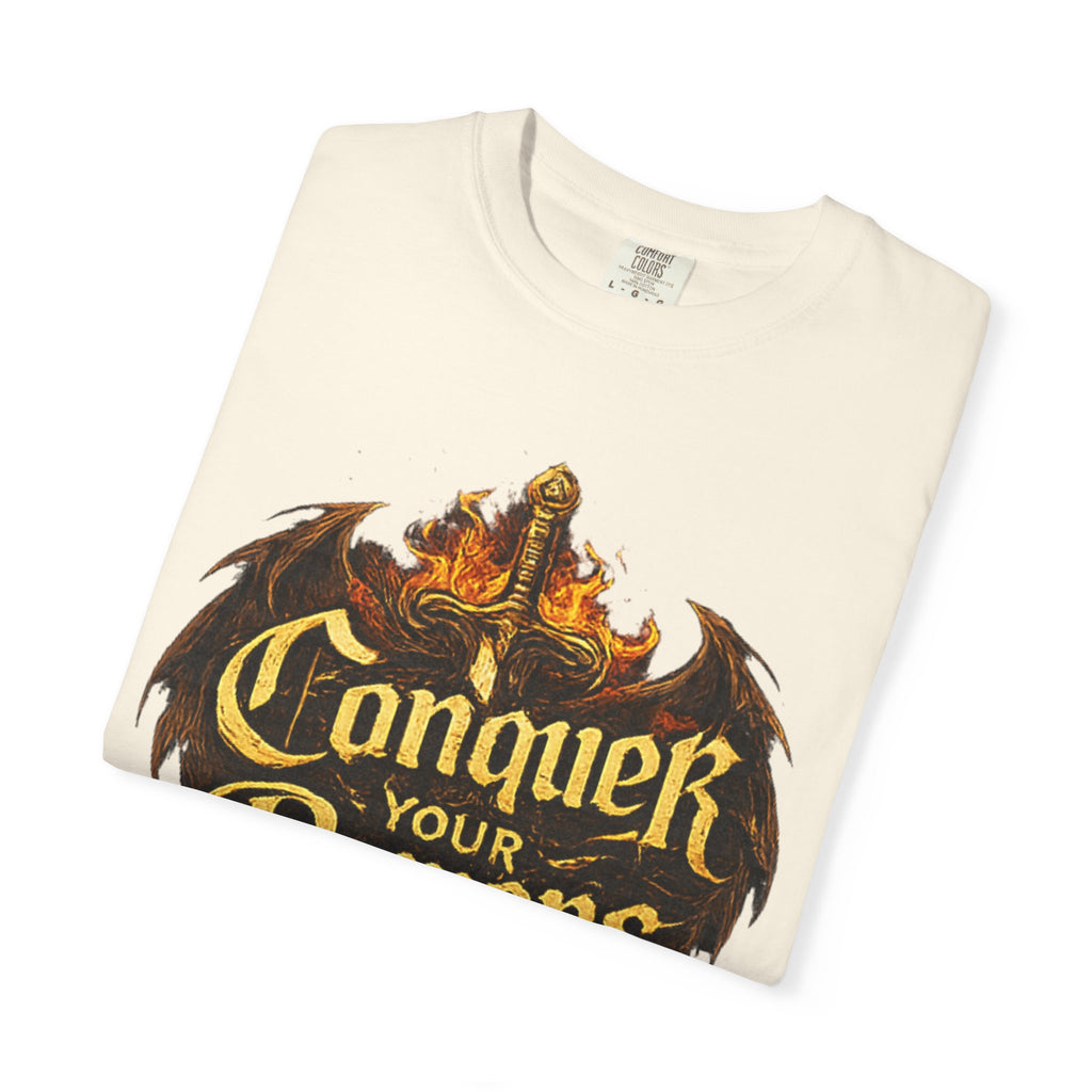 Conquer Your Demons T-Shirt — Gothic Sword & Flames Motivational Tee