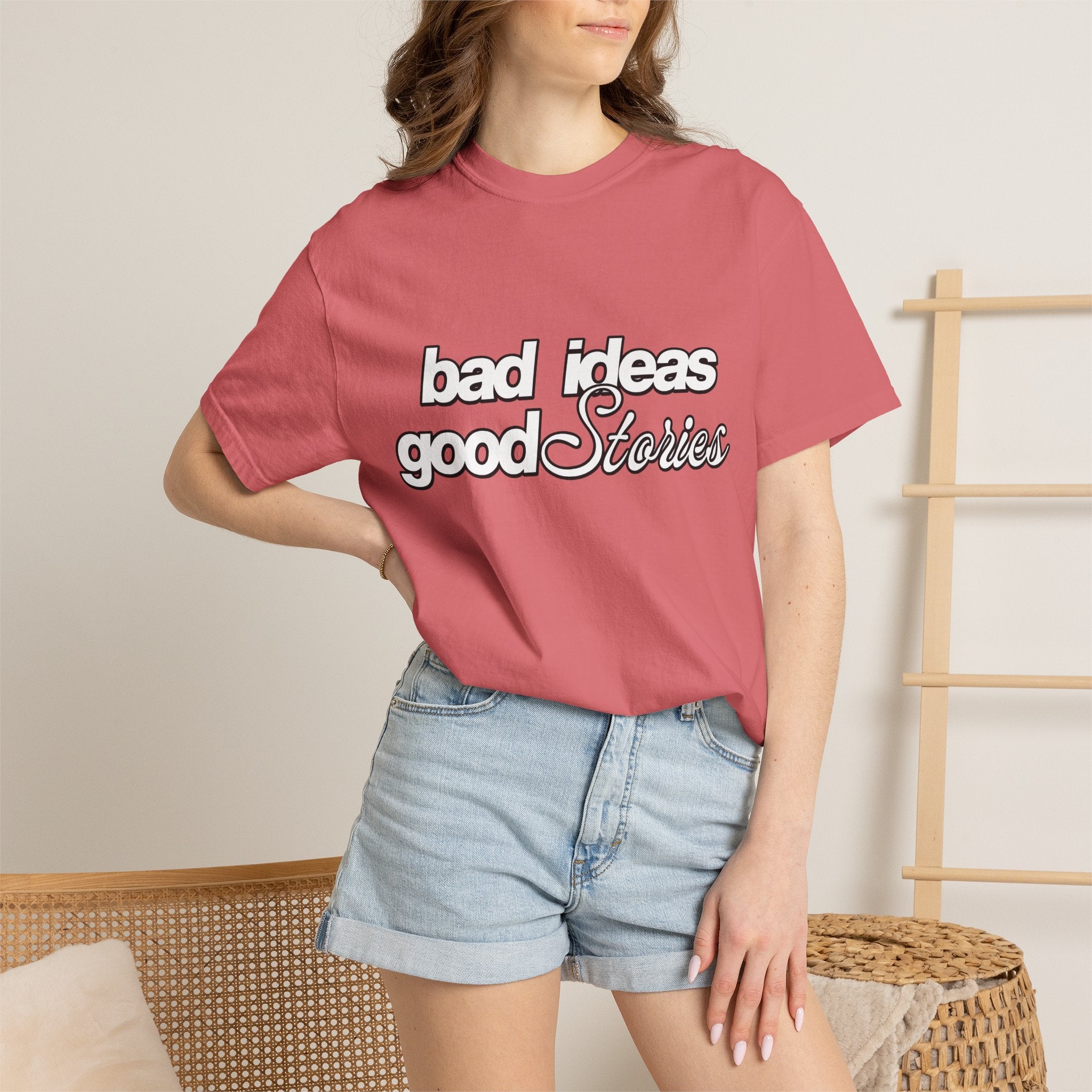 T-Shirt — “bad ideas good stories” Retro Script Tee