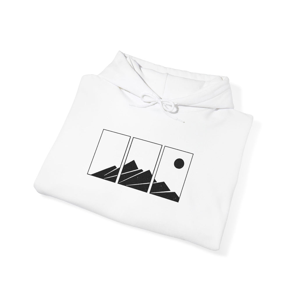Mountain Triptych Hoodie — Minimalist Scenic Graphic Pullover Embroidered