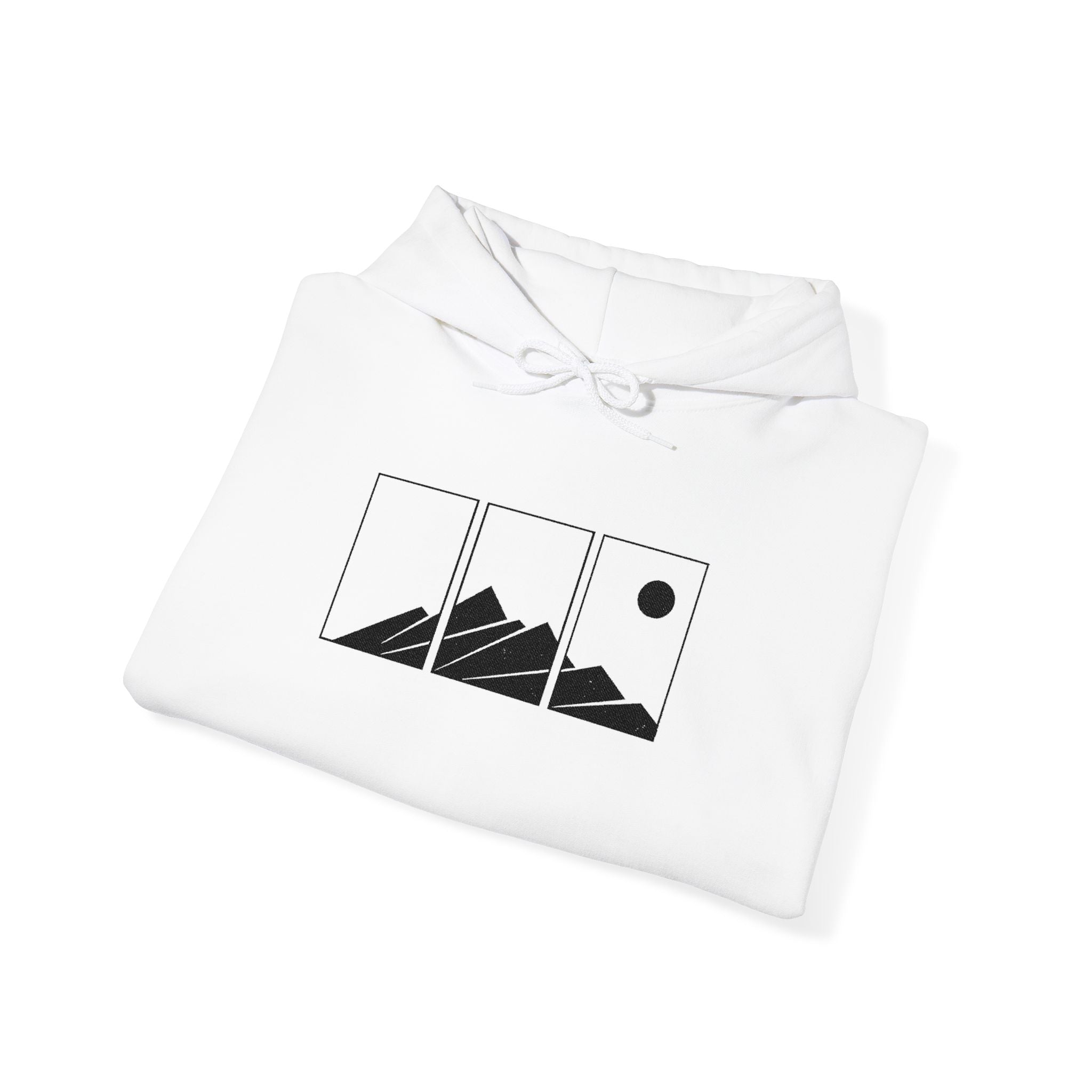 Mountain Triptych Hoodie — Minimalist Scenic Graphic Pullover Embroidered