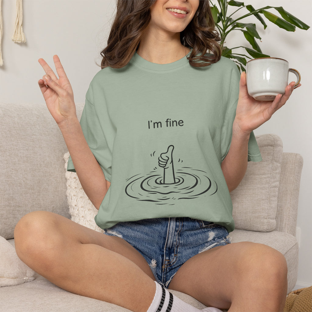 I’m Fine T-Shirt — Minimal Funny Tee with Thumbs-Up Drowning Illustration
