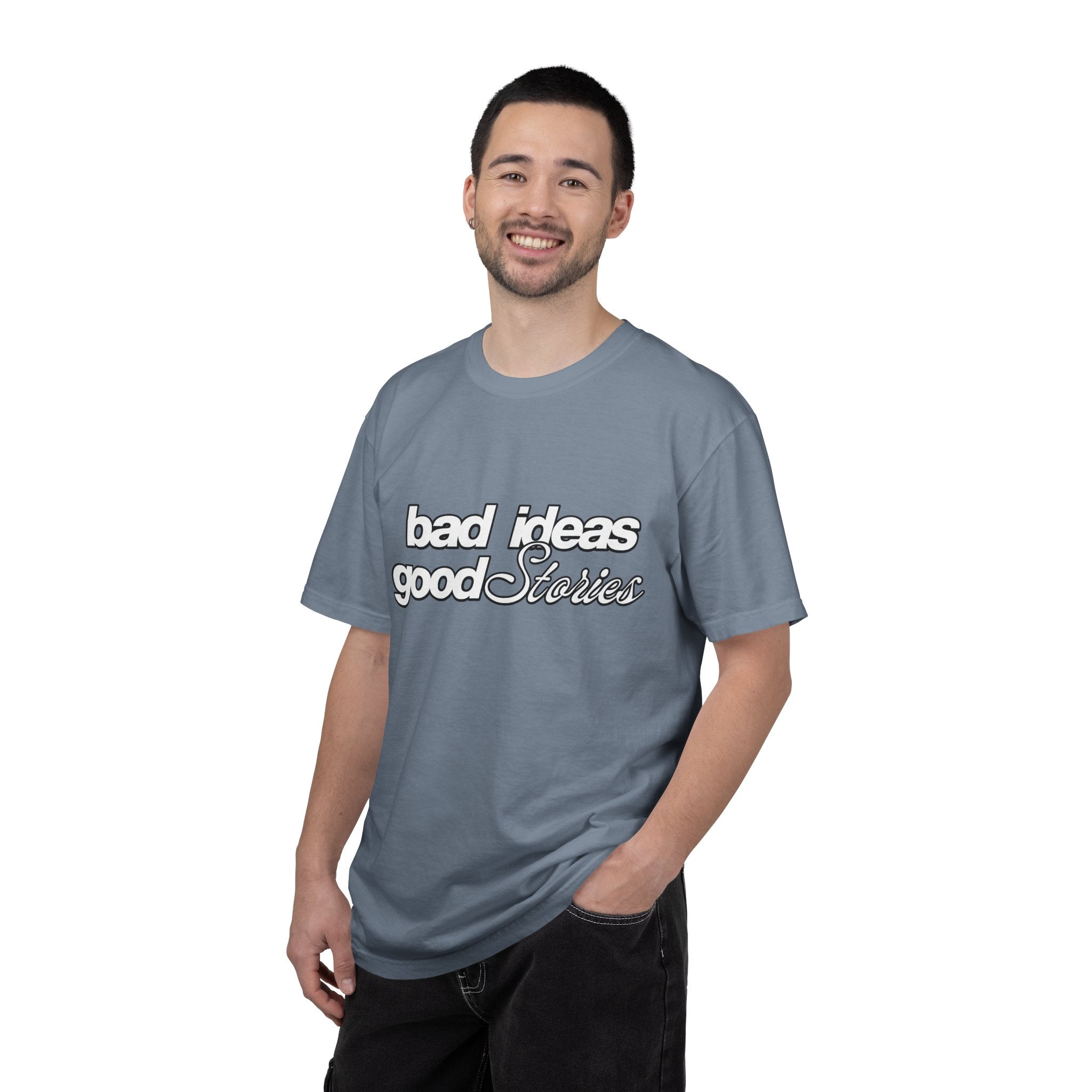 T-Shirt — “bad ideas good stories” Retro Script Tee