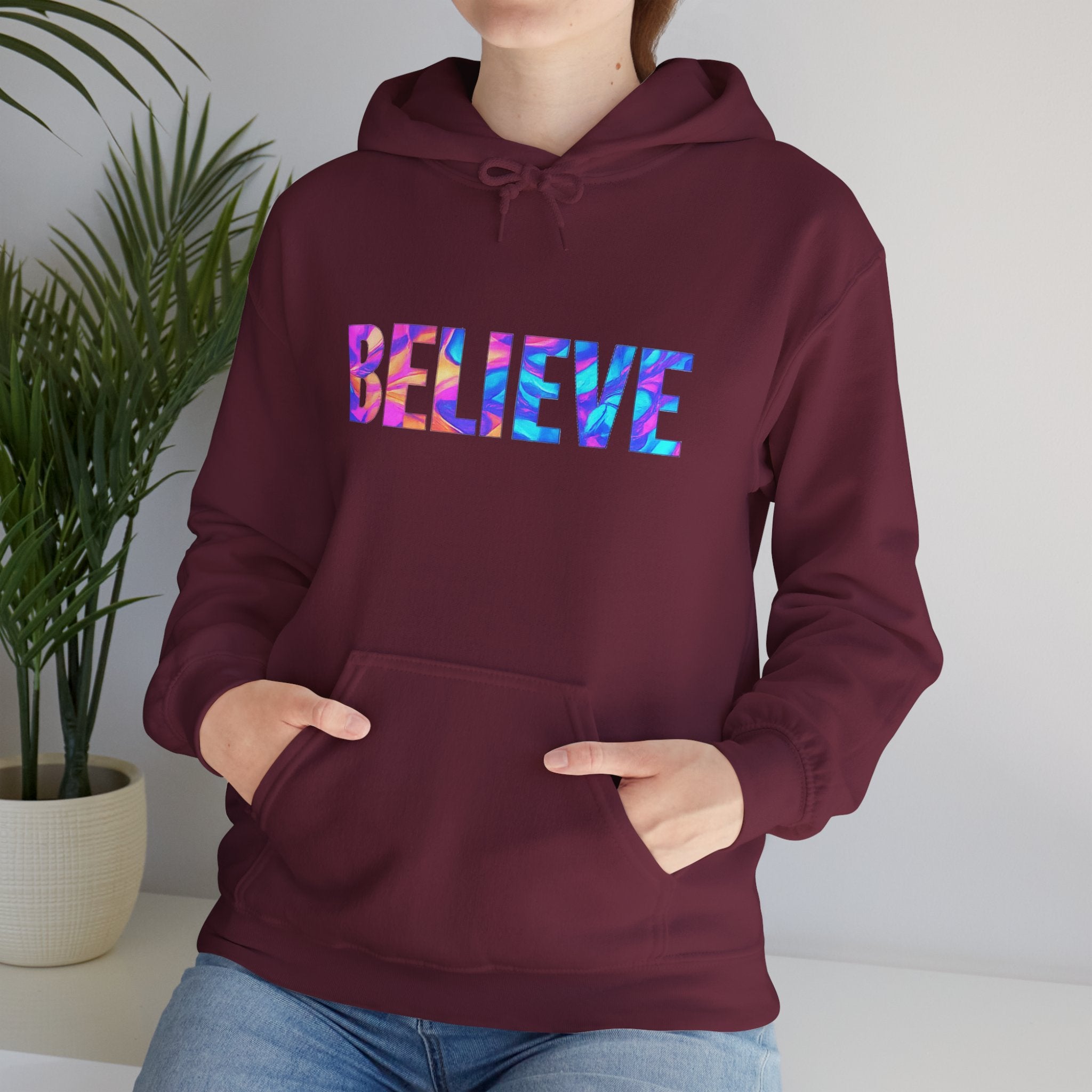 Believe in Yourself Hoodie — Colorful Watercolor Text Inspirational Sweatshirt
