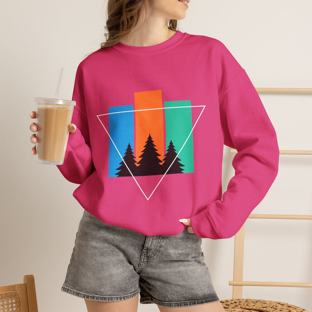 Retro Forest Crewneck Sweatshirt — Colorblock Trees Graphic