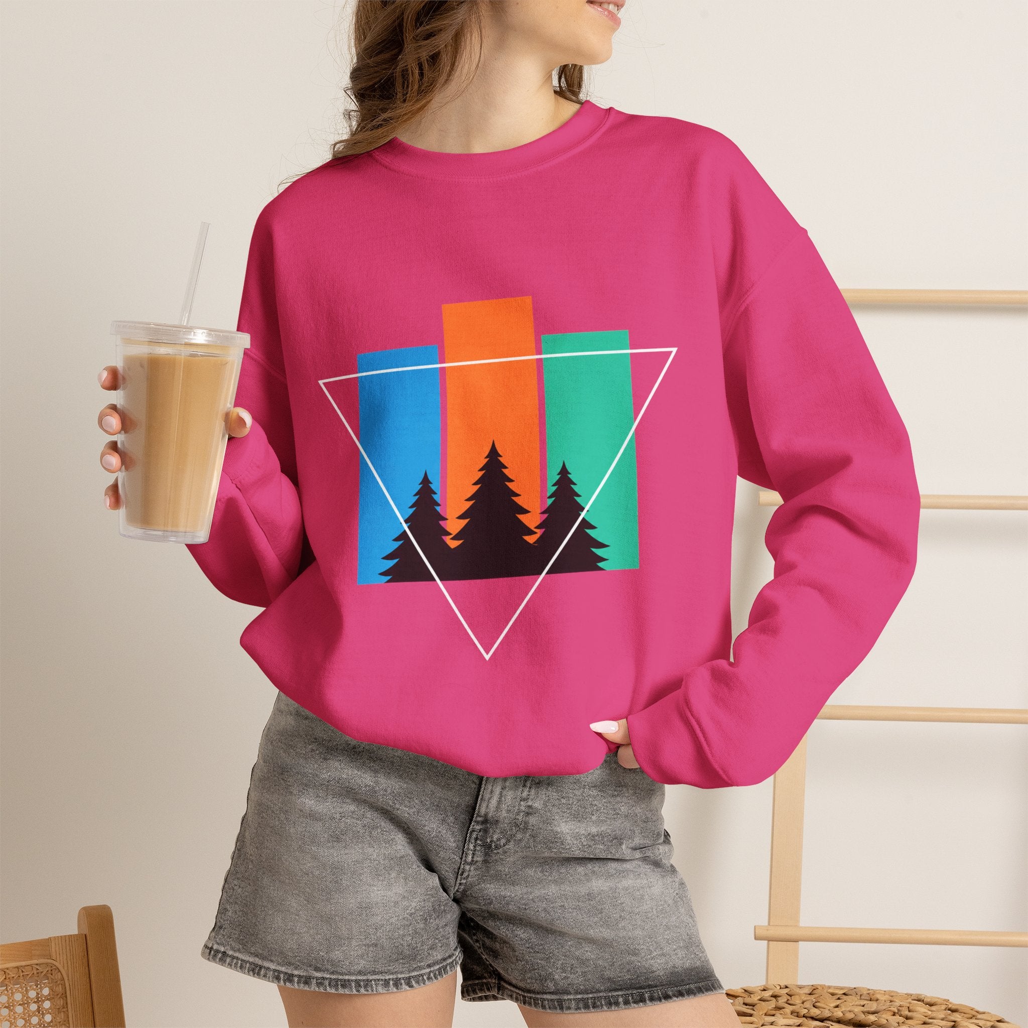 Retro Forest Crewneck Sweatshirt — Colorblock Trees Graphic