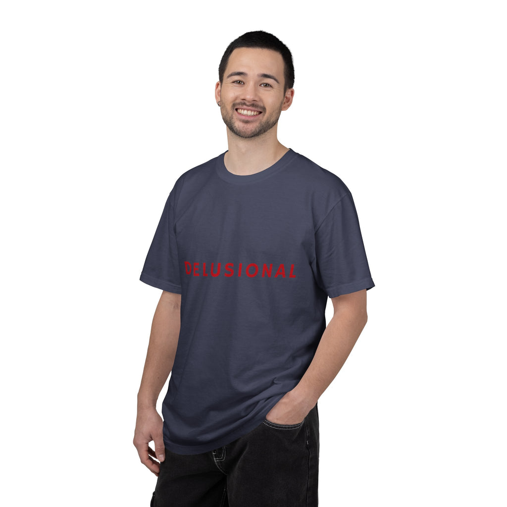 Delusional Graphic T-Shirt — Minimalist Red Text Tee
