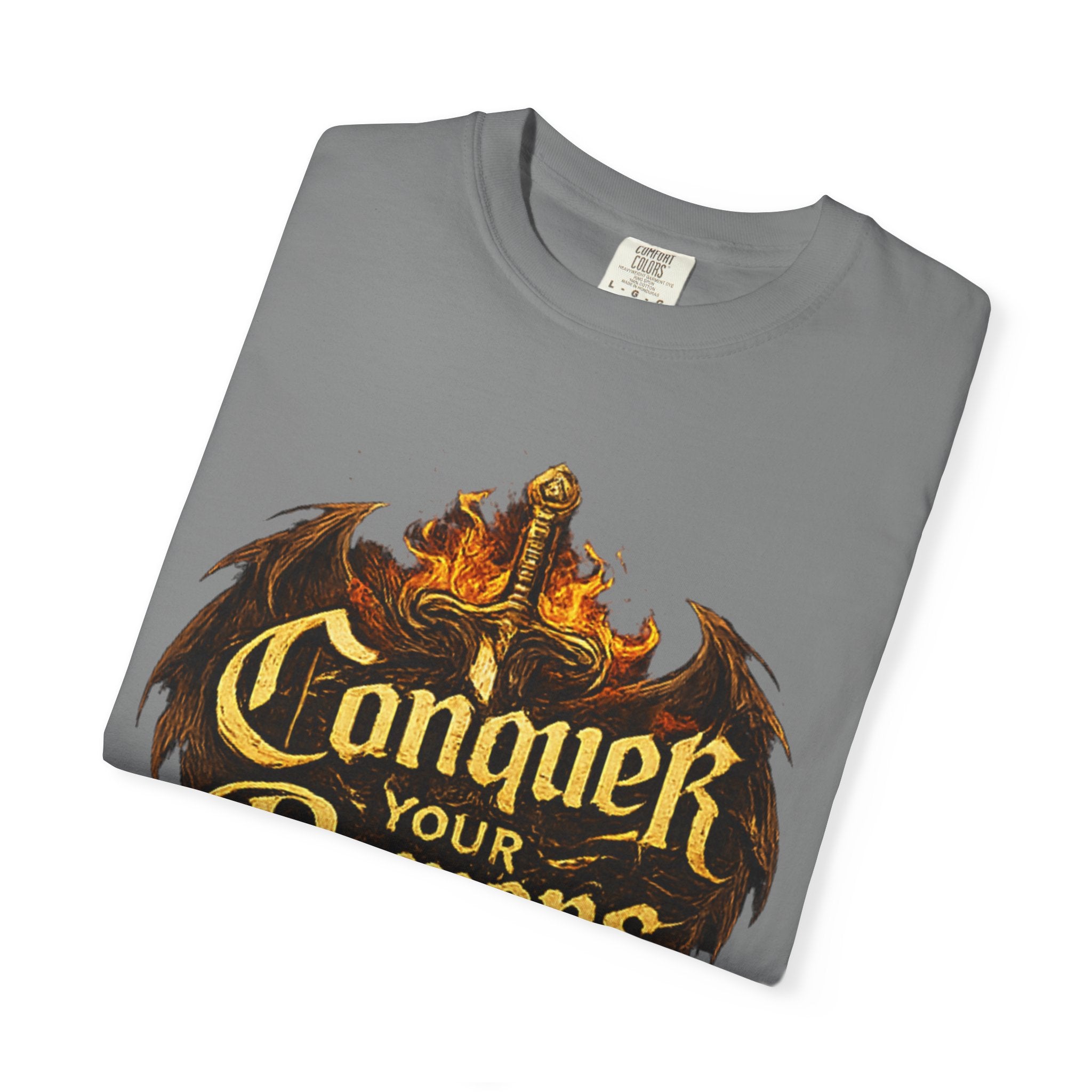 Conquer Your Demons T-Shirt — Gothic Sword & Flames Motivational Tee