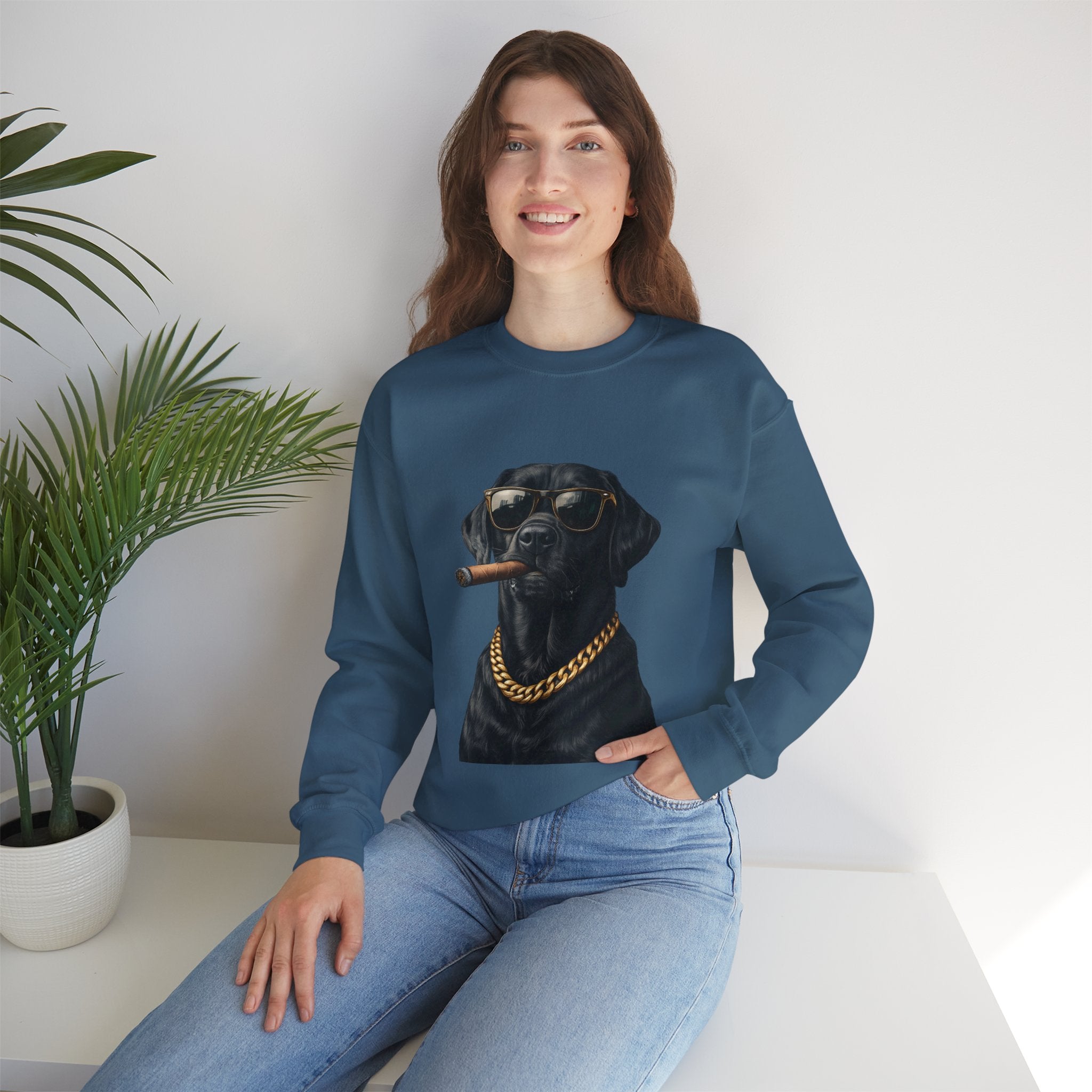 Cool Black Lab Crewneck Sweatshirt — Dog with Cigar & Gold Chain Graphic