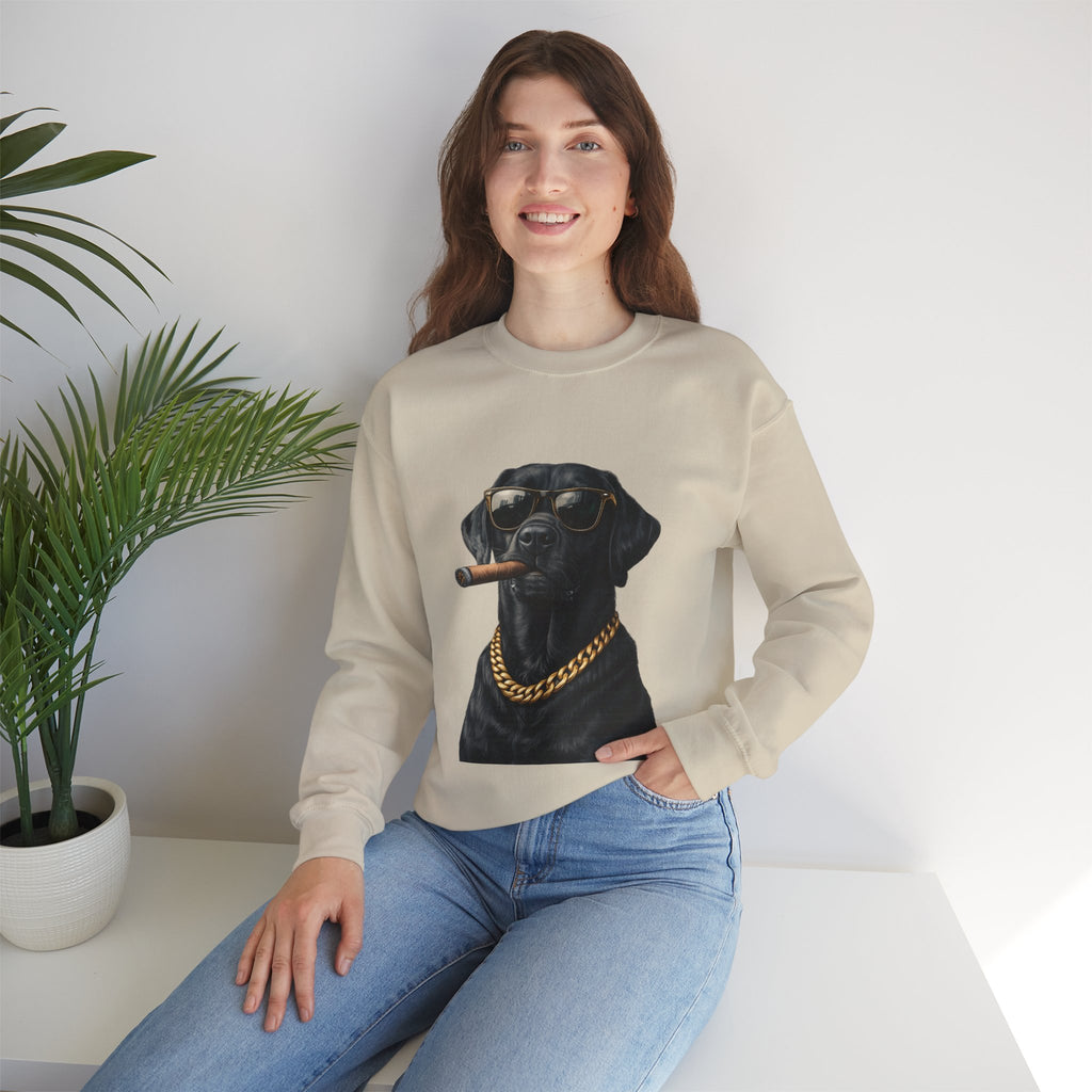Cool Black Lab Crewneck Sweatshirt — Dog with Cigar & Gold Chain Graphic
