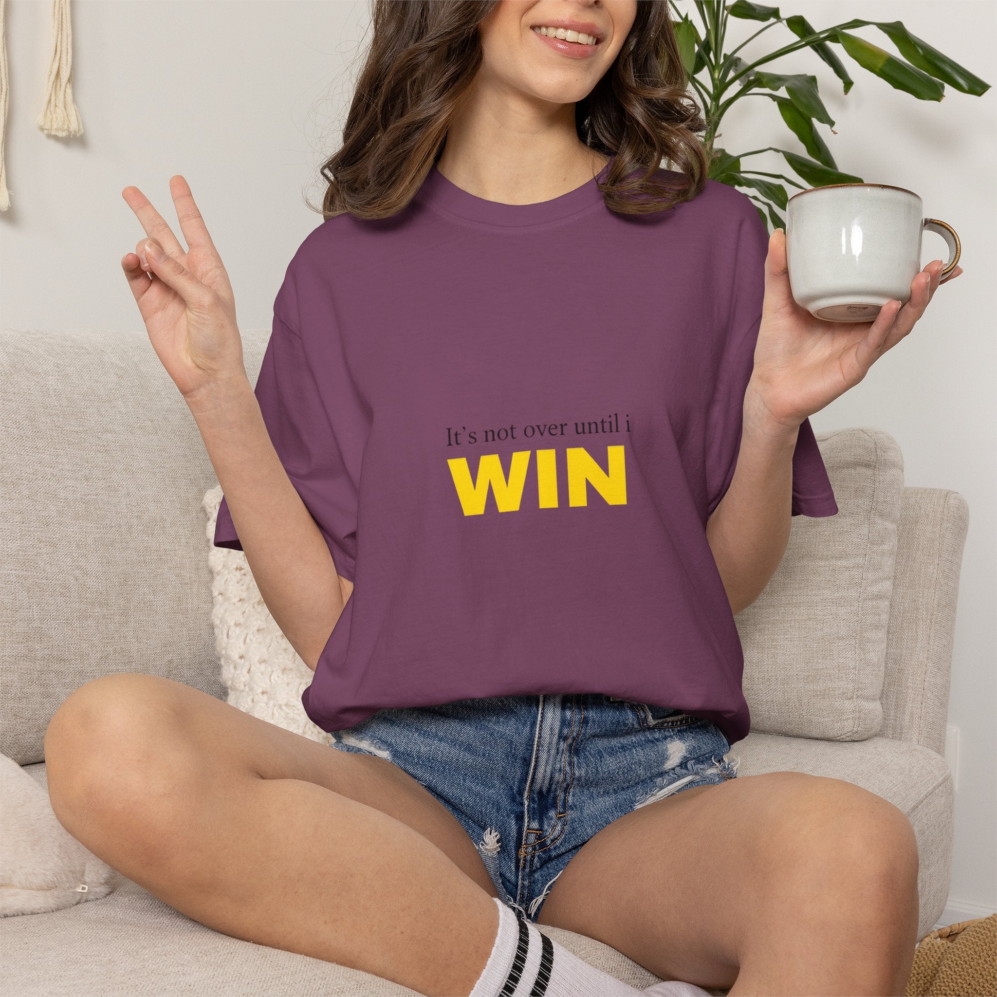 Motivational T-Shirt — "It’s Not Over Until I WIN" Bold Yellow Graphic