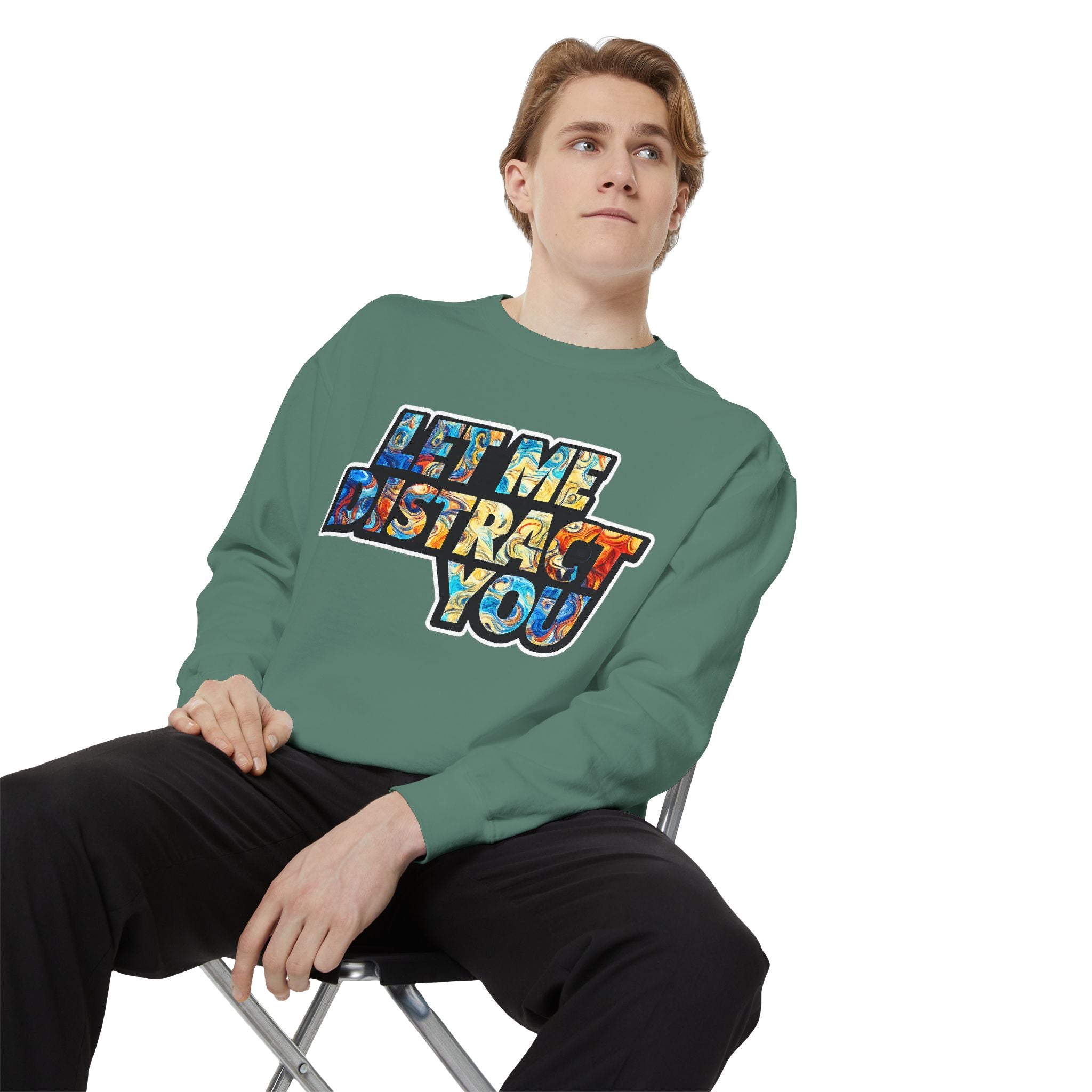 Let Me Distract You Sweatshirt — Colorful Retro Graphic Crewneck