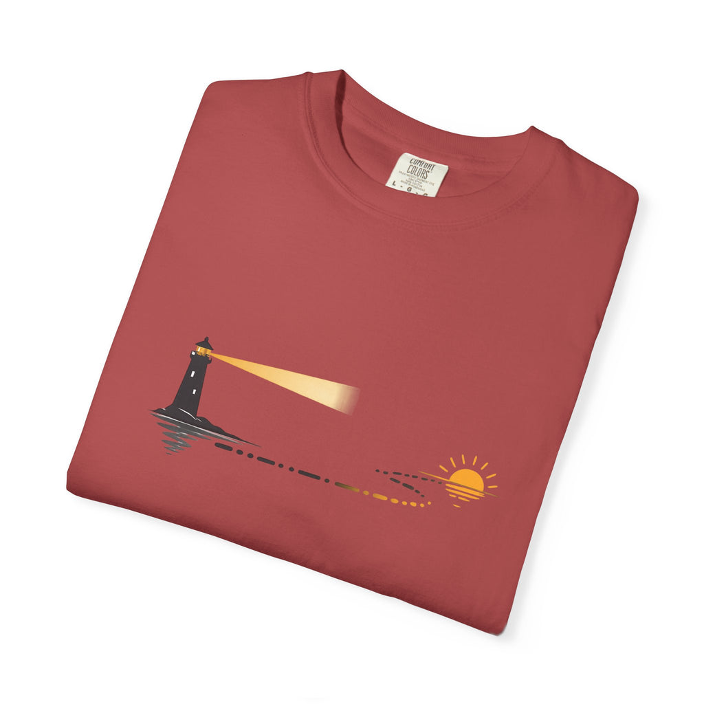 Lighthouse Sunset T-Shirt — Nautical Coastal Tee with Beacon Graphic