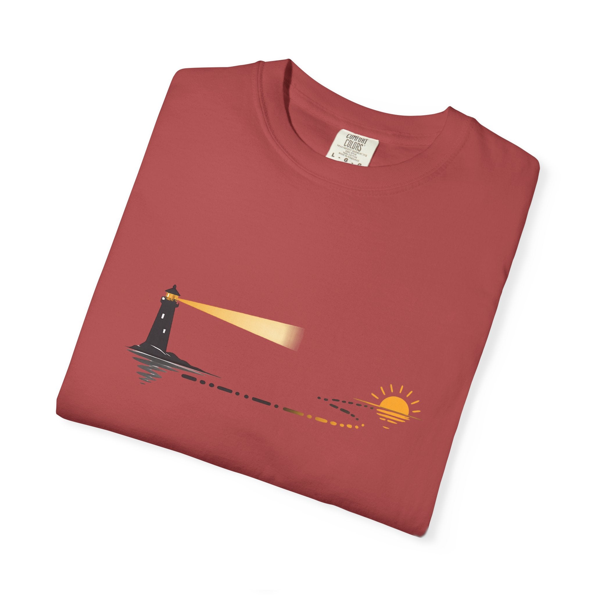 Lighthouse Sunset T-Shirt — Nautical Coastal Tee with Beacon Graphic