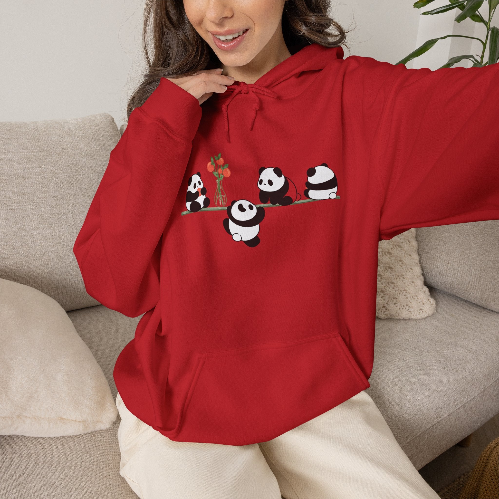 Pandas on a Line Hoodie — Cute Cartoon Pandas Holding Flower Pullover