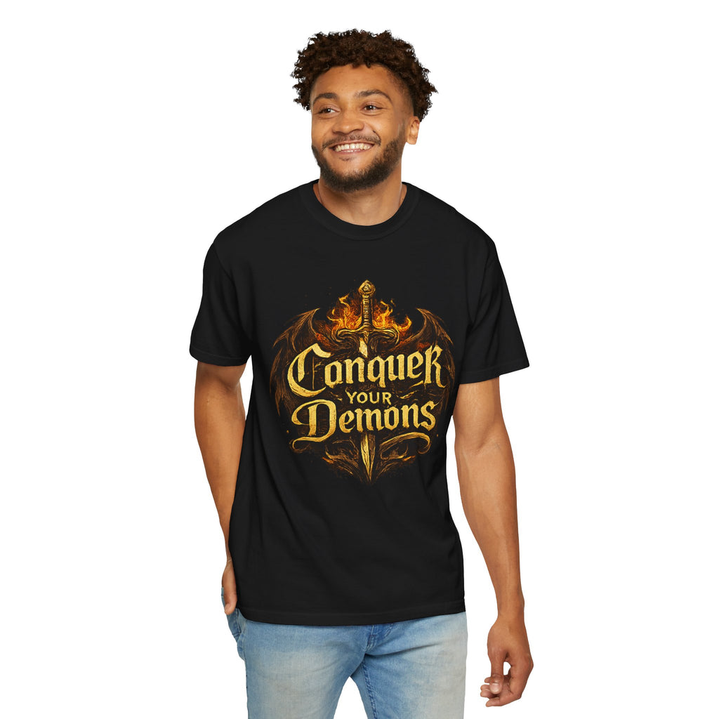 Conquer Your Demons T-Shirt — Gothic Sword & Flames Motivational Tee