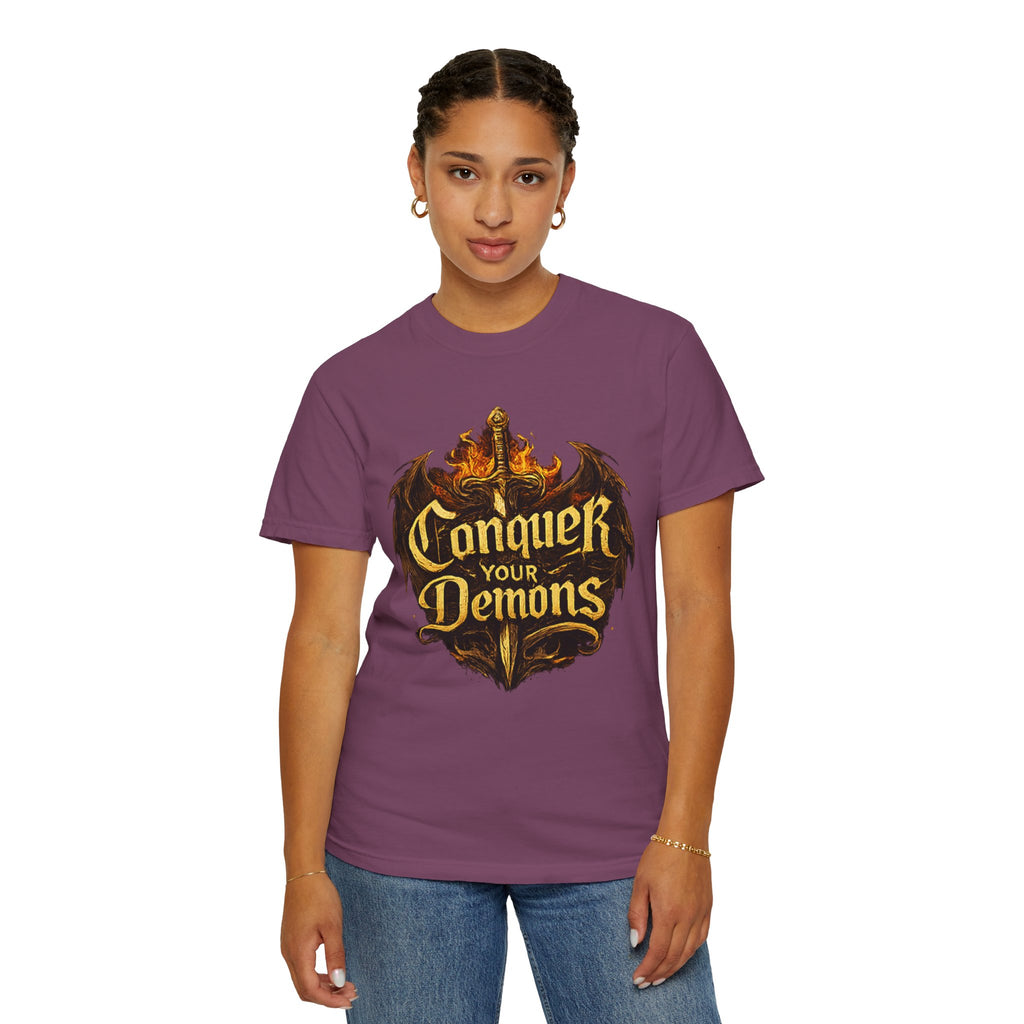 Conquer Your Demons T-Shirt — Gothic Sword & Flames Motivational Tee