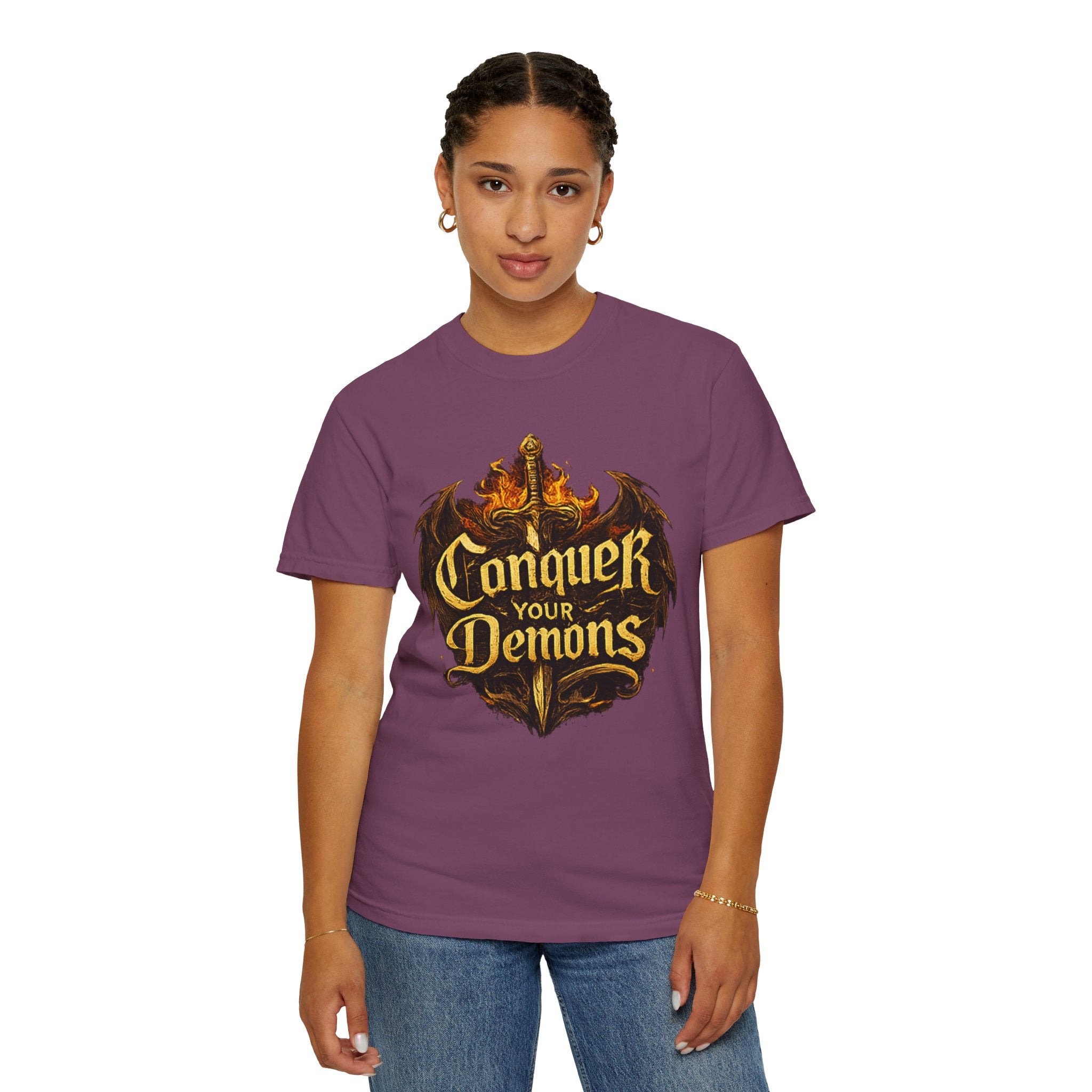 Conquer Your Demons T-Shirt — Gothic Sword & Flames Motivational Tee