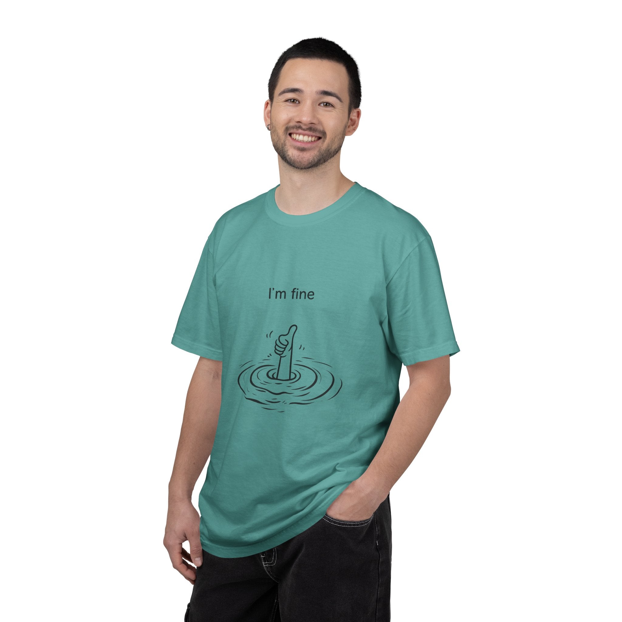 I’m Fine T-Shirt — Minimal Funny Tee with Thumbs-Up Drowning Illustration