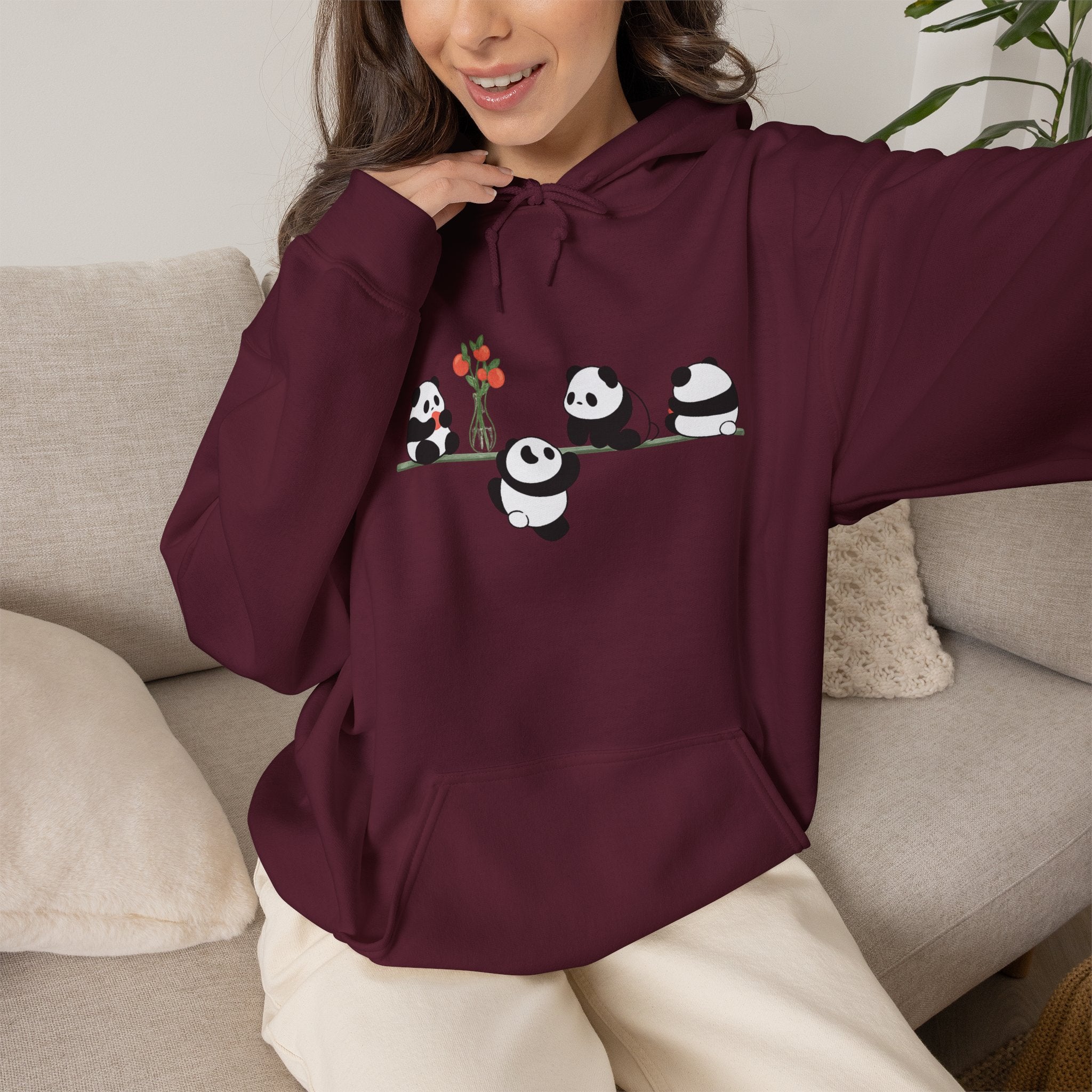 Pandas on a Line Hoodie — Cute Cartoon Pandas Holding Flower Pullover
