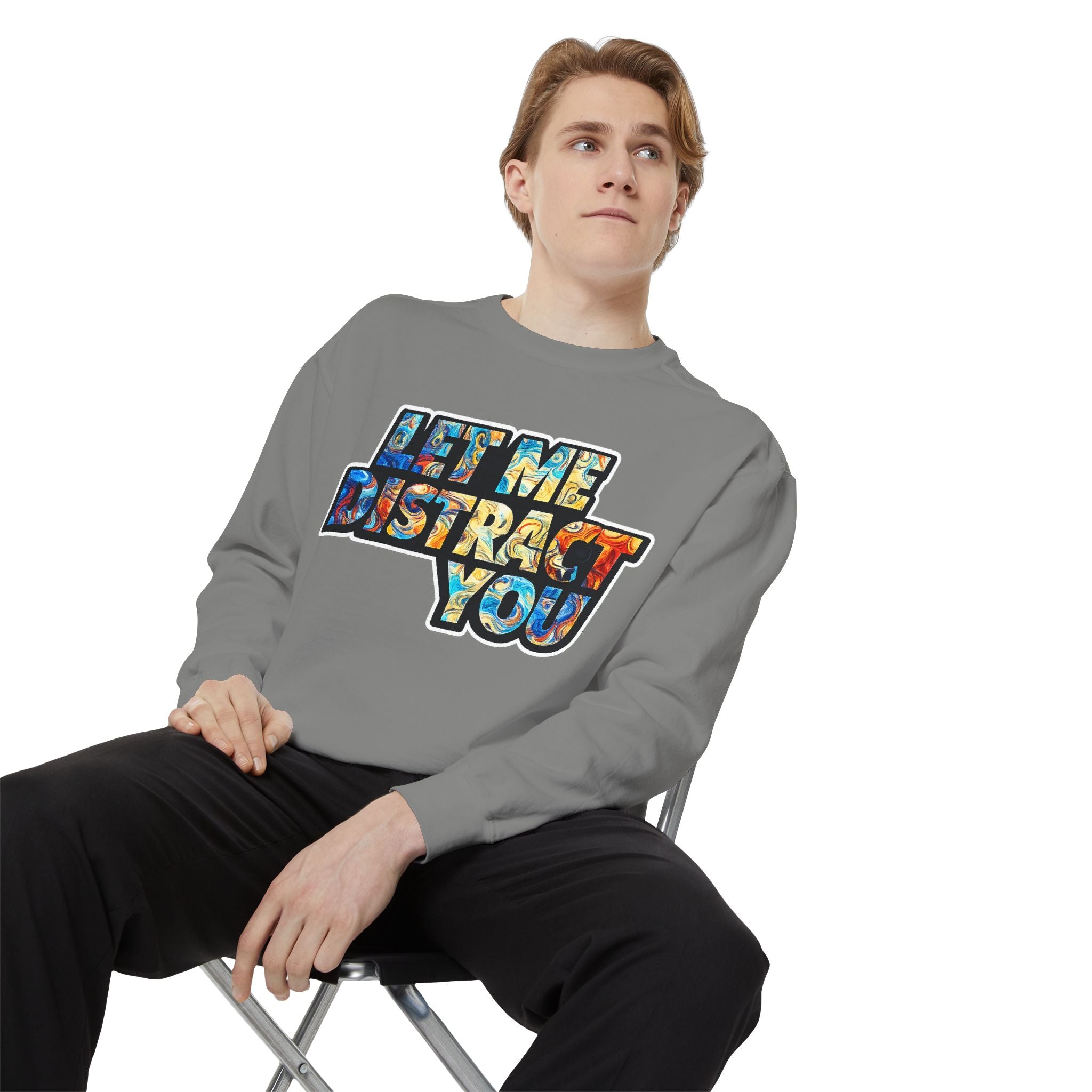 Let Me Distract You Sweatshirt — Colorful Retro Graphic Crewneck