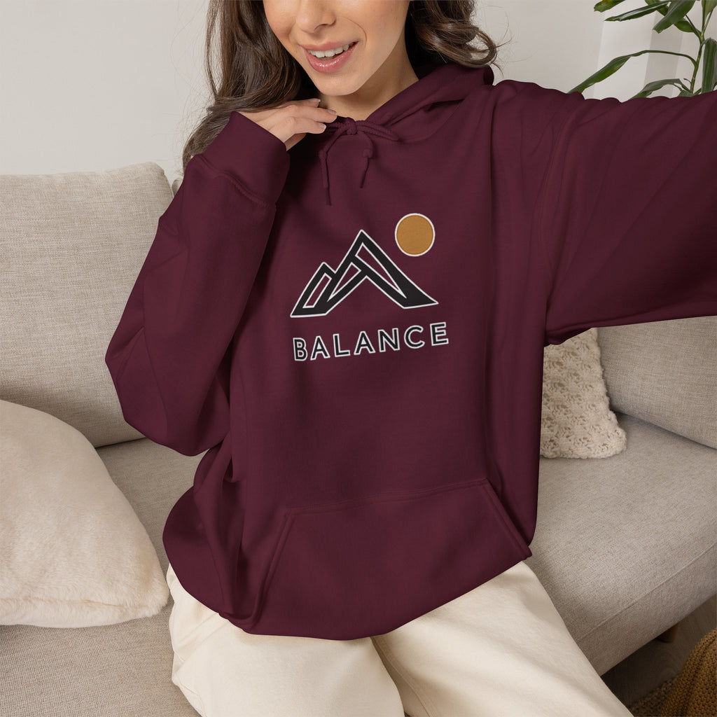 Balance Mountain Hoodie — Minimalist Sunrise Graphic Hooded Sweatshirt