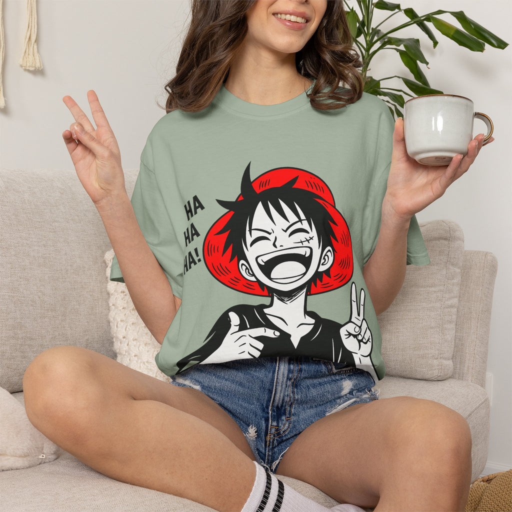 Anime Luffy Laughing Graphic T-shirt - Monkey D. Luffy Peace Sign Tee