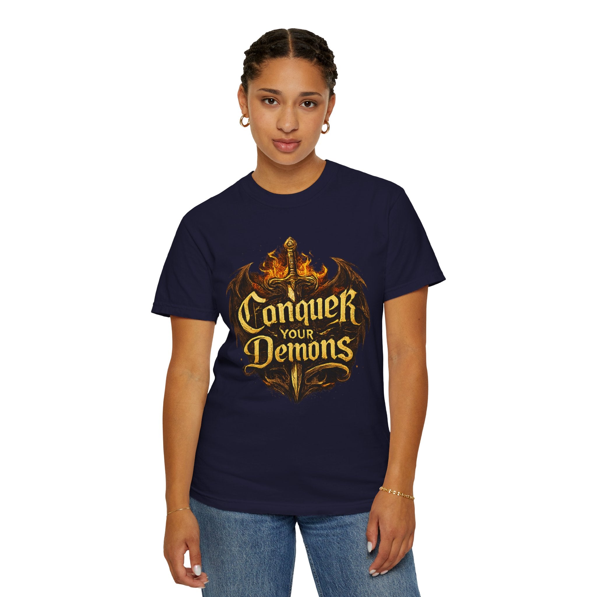 Conquer Your Demons T-Shirt — Gothic Sword & Flames Motivational Tee