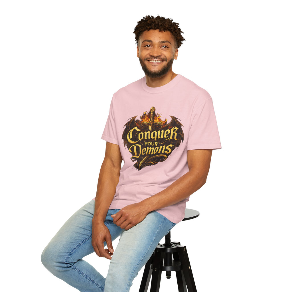 Conquer Your Demons T-Shirt — Gothic Sword & Flames Motivational Tee