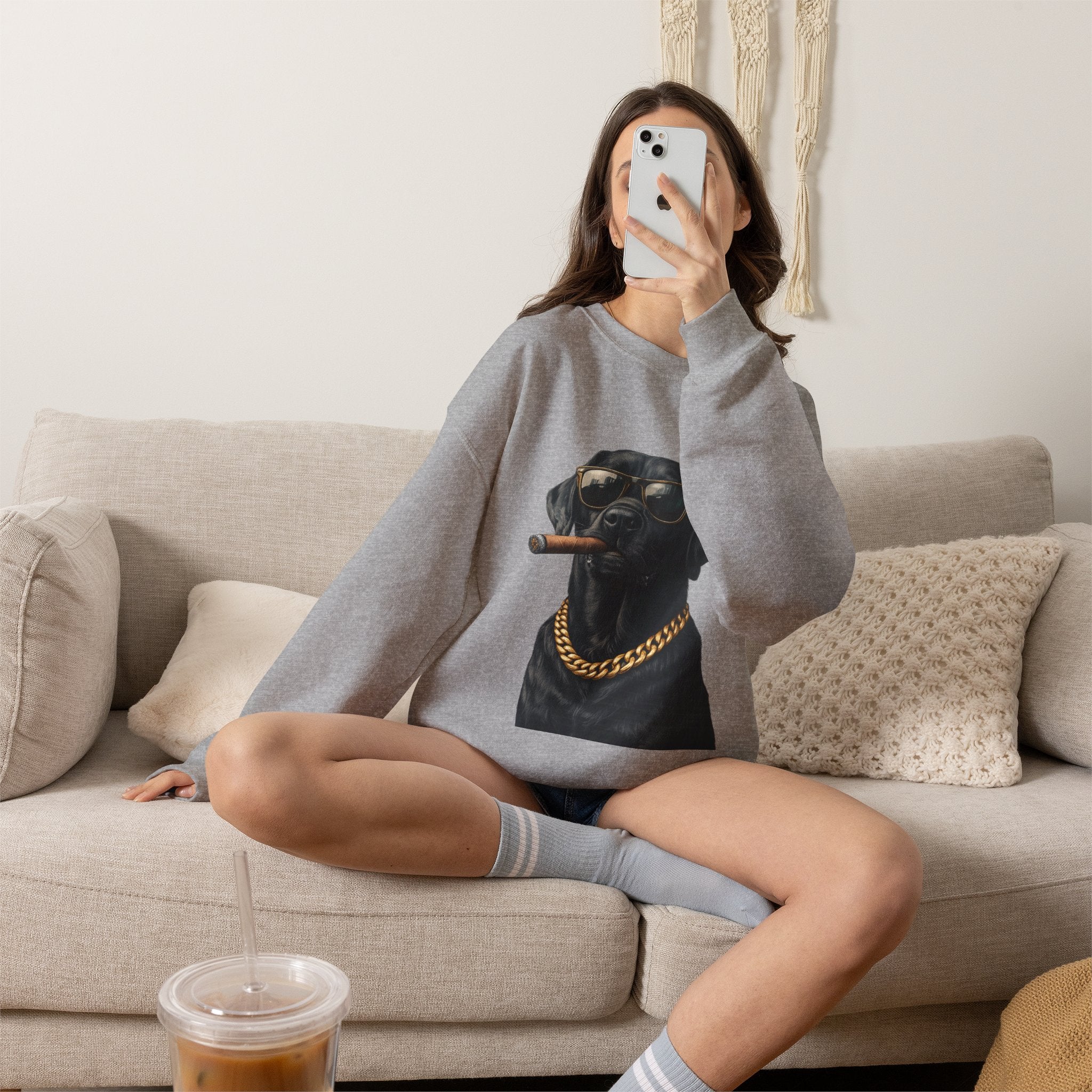 Cool Black Lab Crewneck Sweatshirt — Dog with Cigar & Gold Chain Graphic