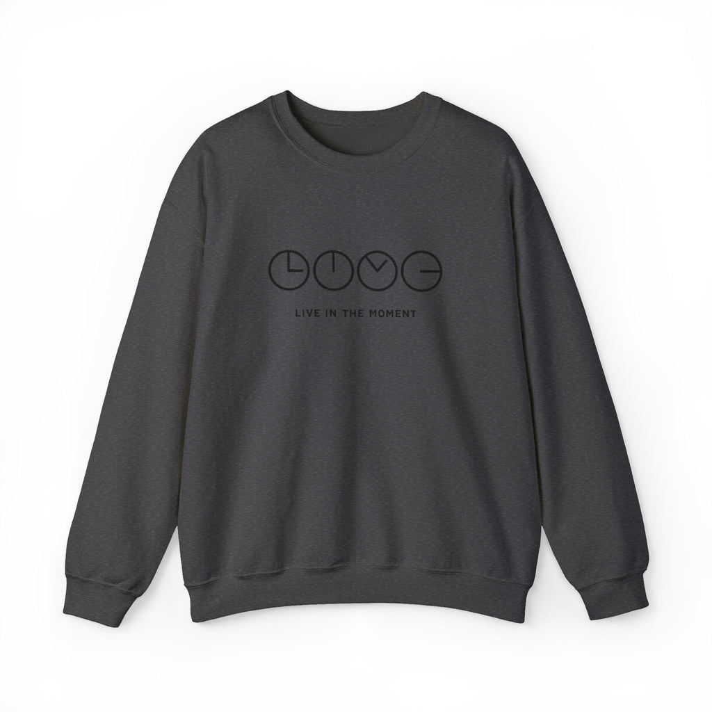 Live In The Moment Crewneck Sweatshirt — Minimal Clock Graphic Embroidered