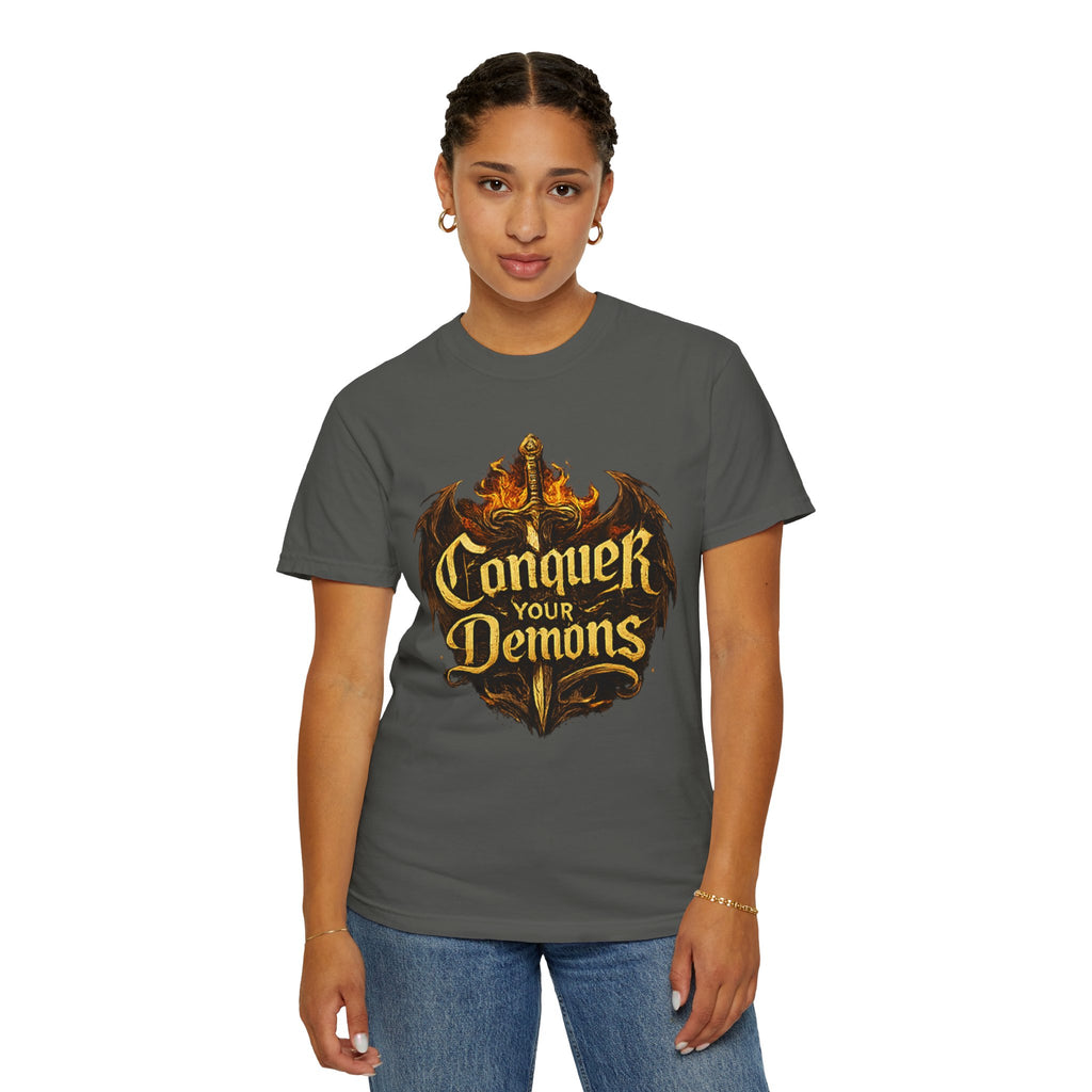 Conquer Your Demons T-Shirt — Gothic Sword & Flames Motivational Tee
