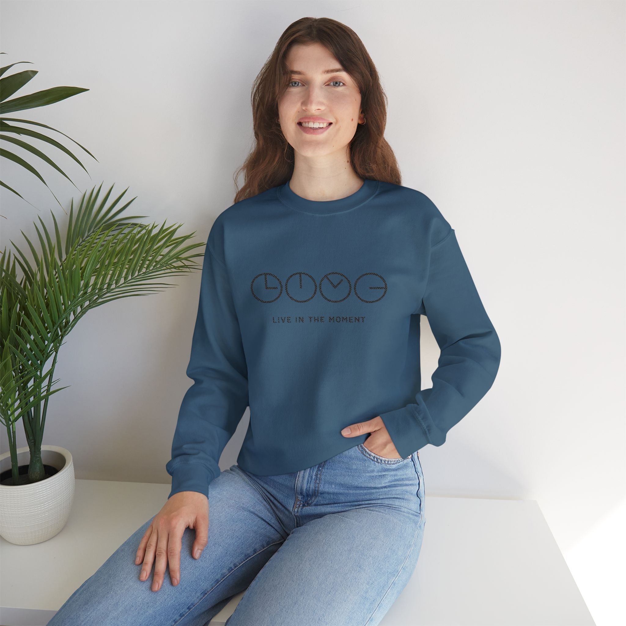 Live In The Moment Crewneck Sweatshirt — Minimal Clock Graphic Embroidered