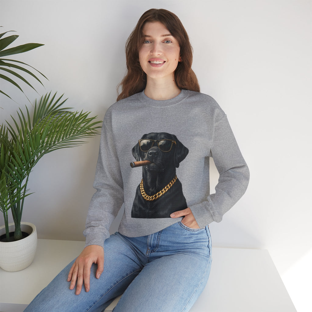 Cool Black Lab Crewneck Sweatshirt — Dog with Cigar & Gold Chain Graphic