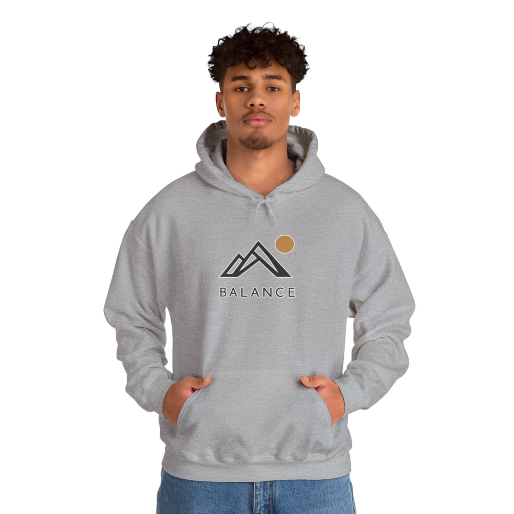 Balance Mountain Hoodie — Minimalist Sunrise Graphic Hooded Sweatshirt