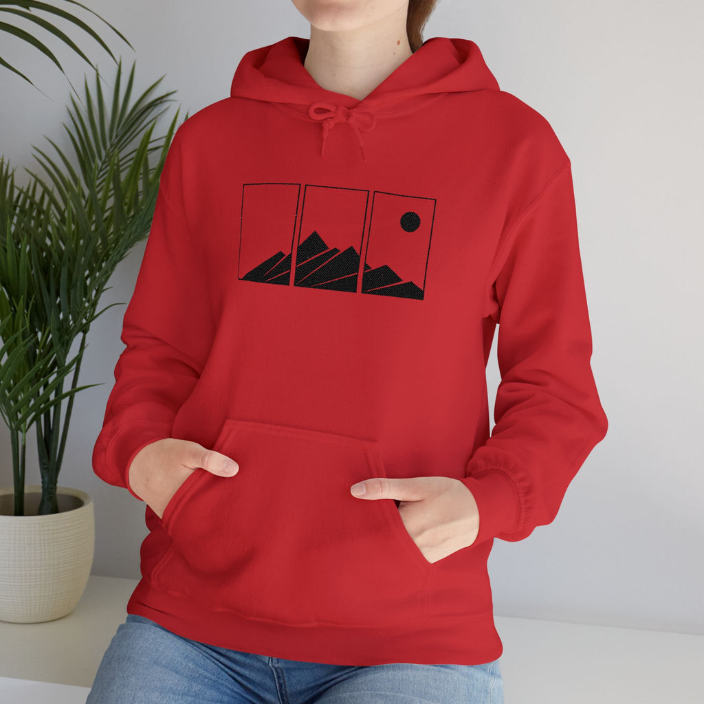 Mountain Triptych Hoodie — Minimalist Scenic Graphic Pullover Embroidered
