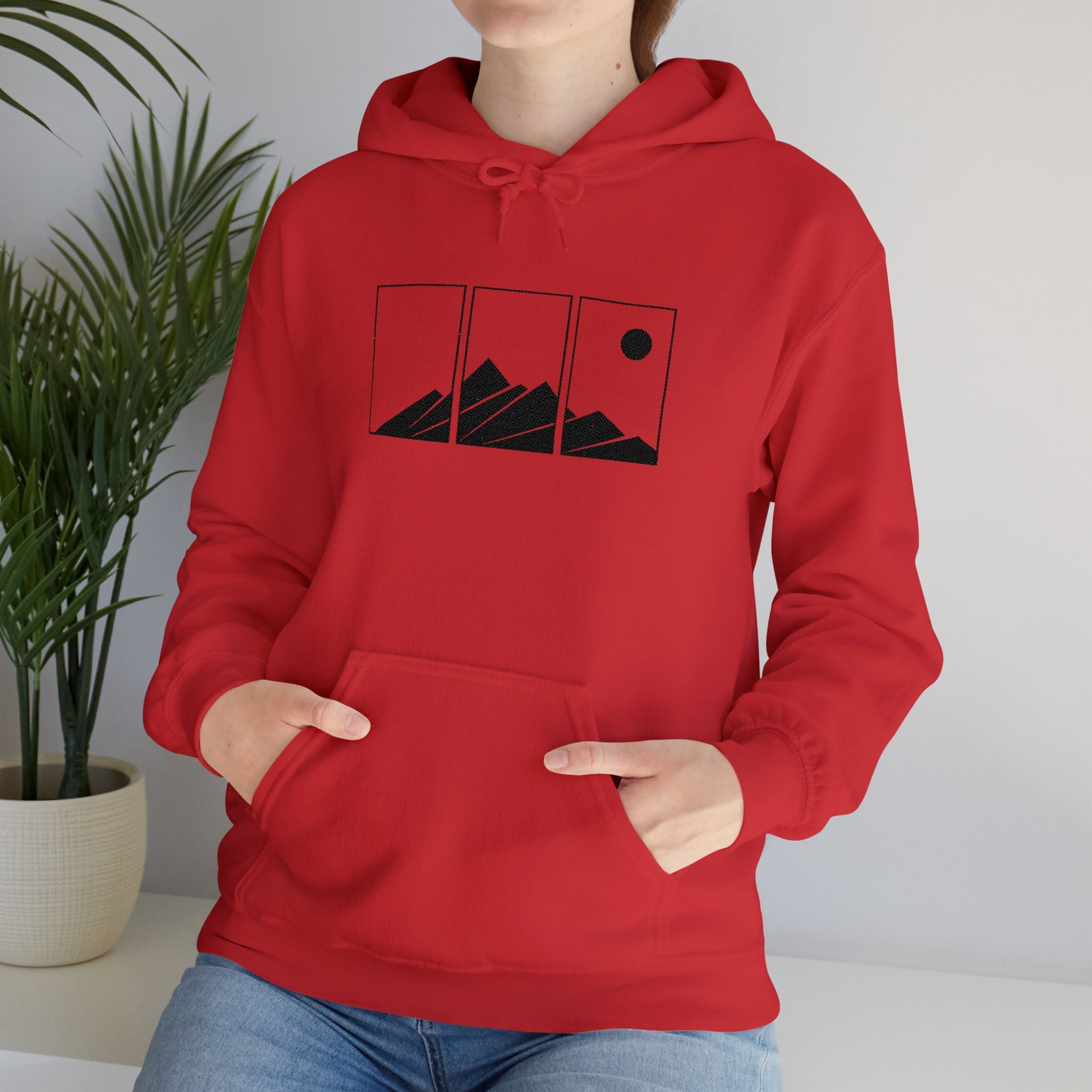 Mountain Triptych Hoodie — Minimalist Scenic Graphic Pullover Embroidered