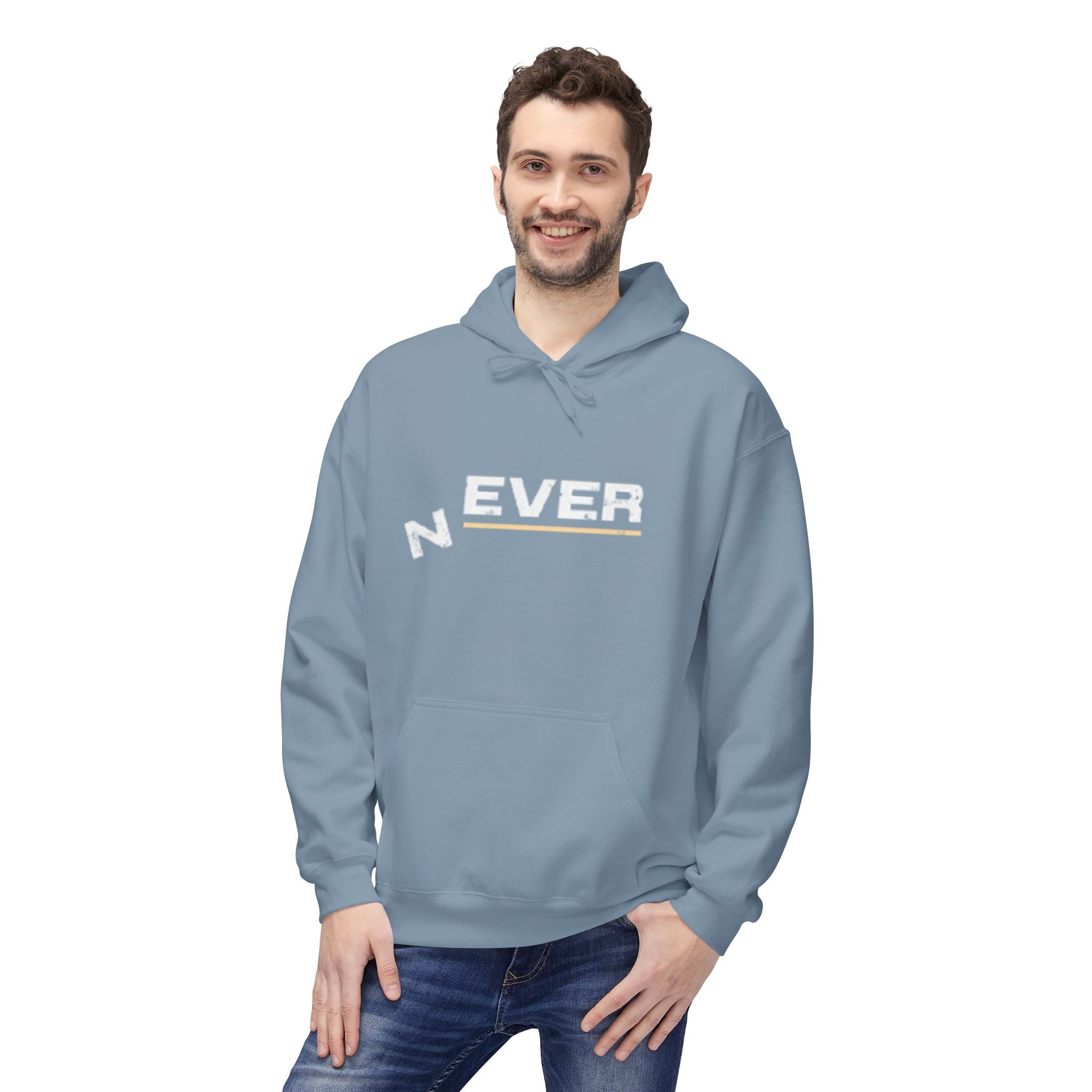 Never Typography Hoodie — Brown Casual Graphic Pullover