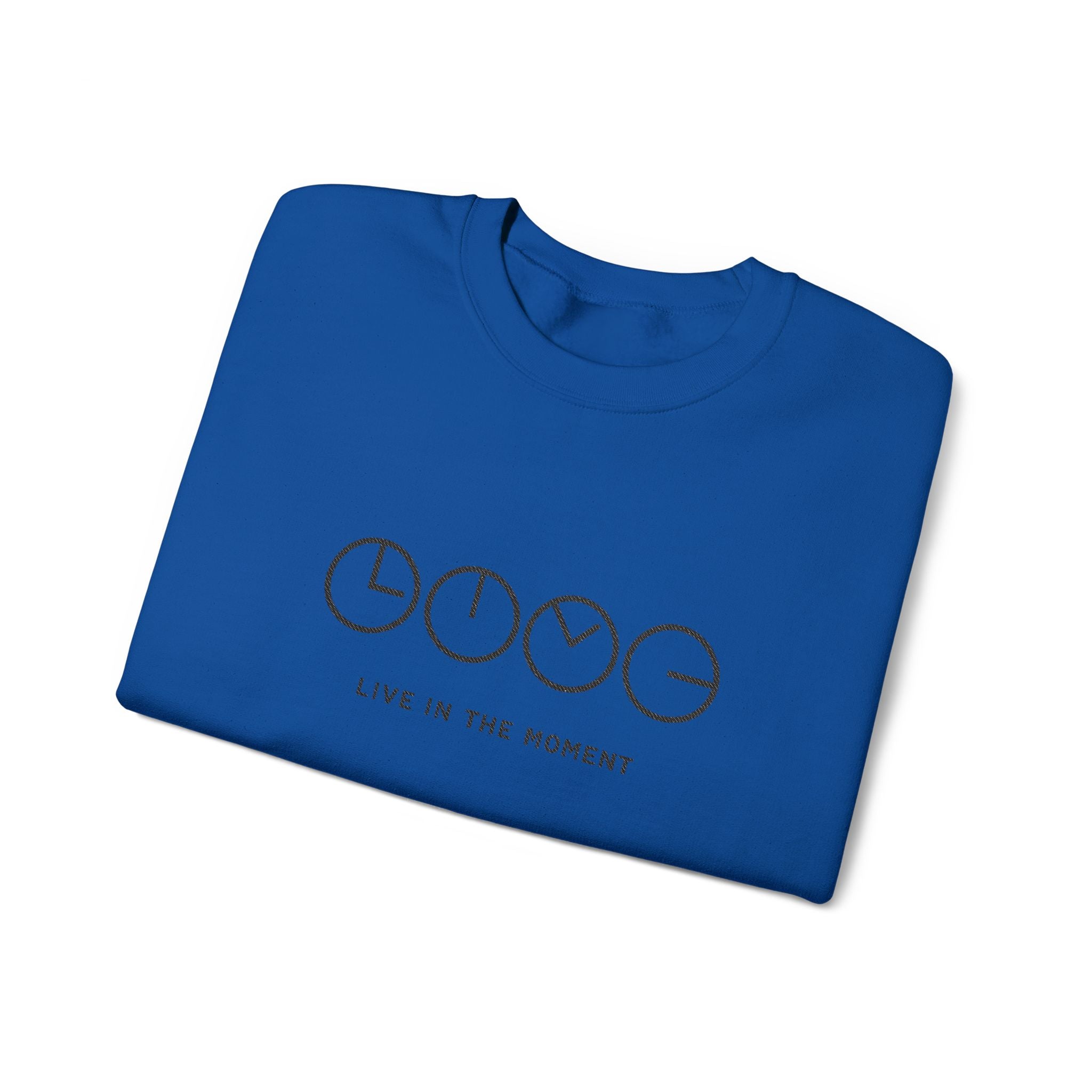 Live In The Moment Crewneck Sweatshirt — Minimal Clock Graphic Embroidered
