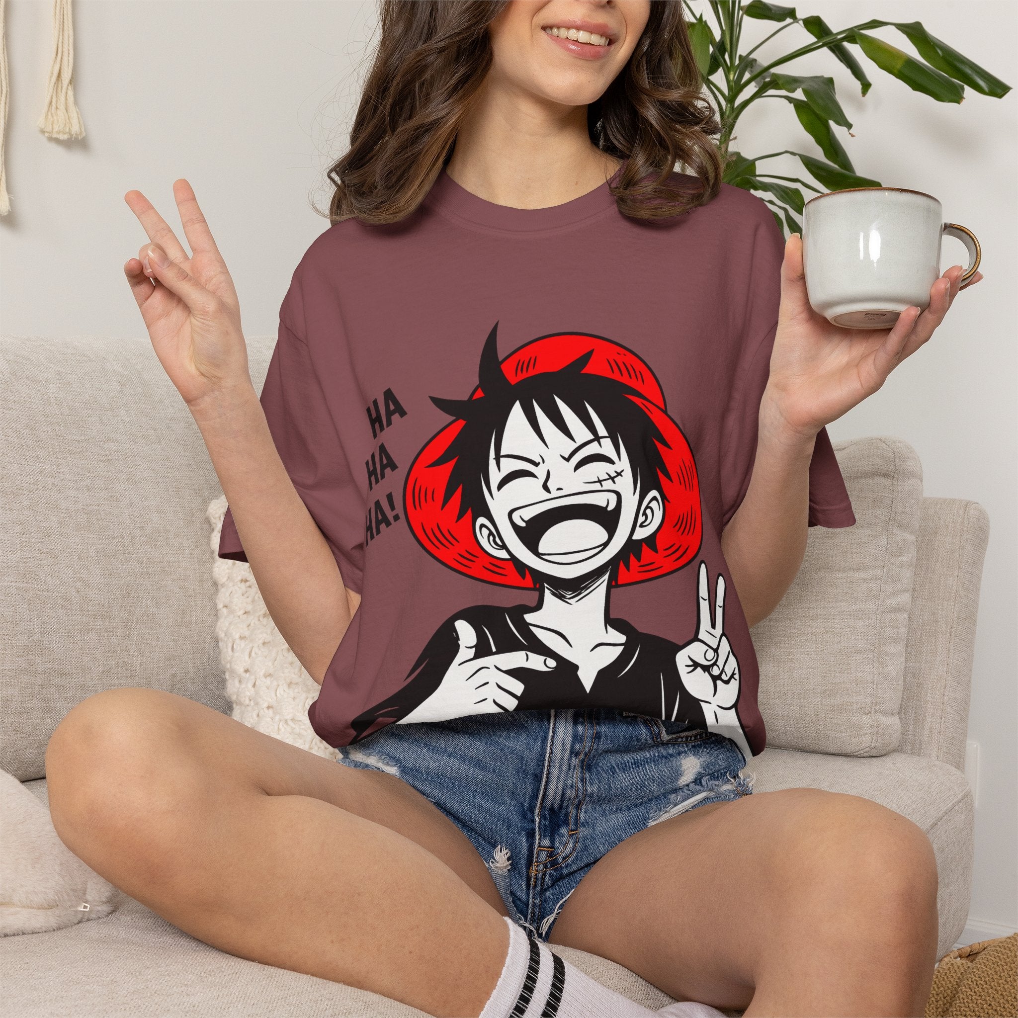 Anime Luffy Laughing Graphic T-shirt - Monkey D. Luffy Peace Sign Tee