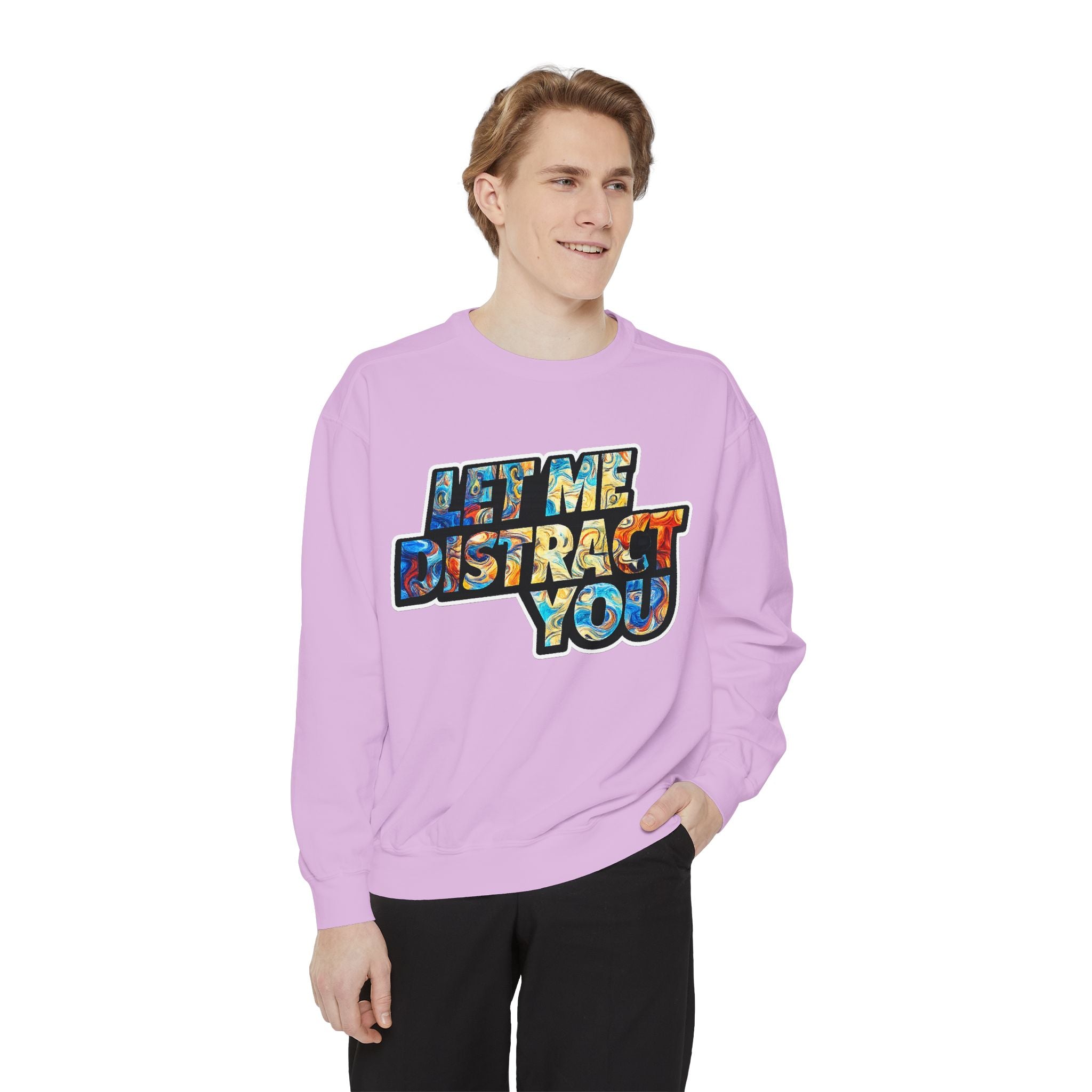 Let Me Distract You Sweatshirt — Colorful Retro Graphic Crewneck