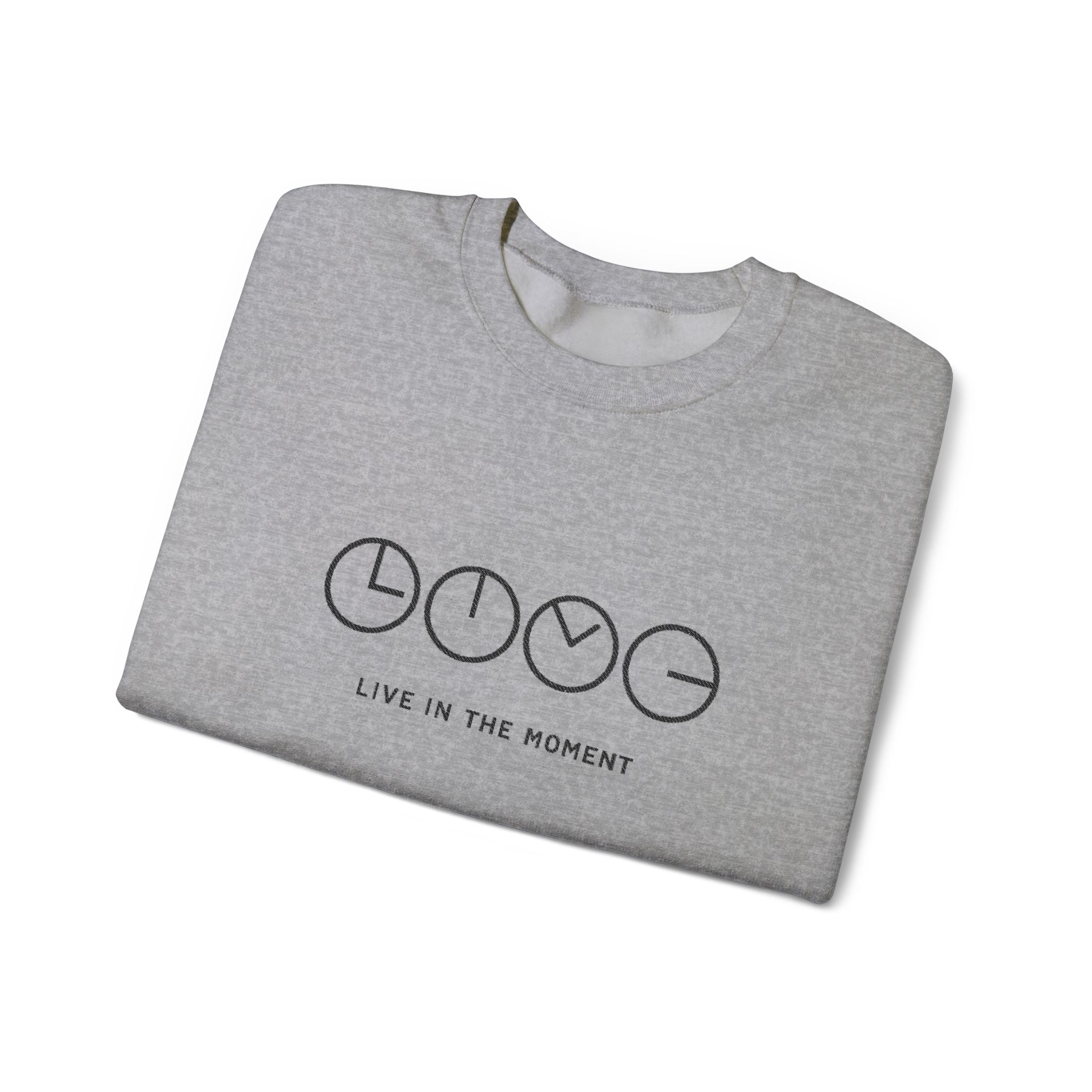 Live In The Moment Crewneck Sweatshirt — Minimal Clock Graphic Embroidered