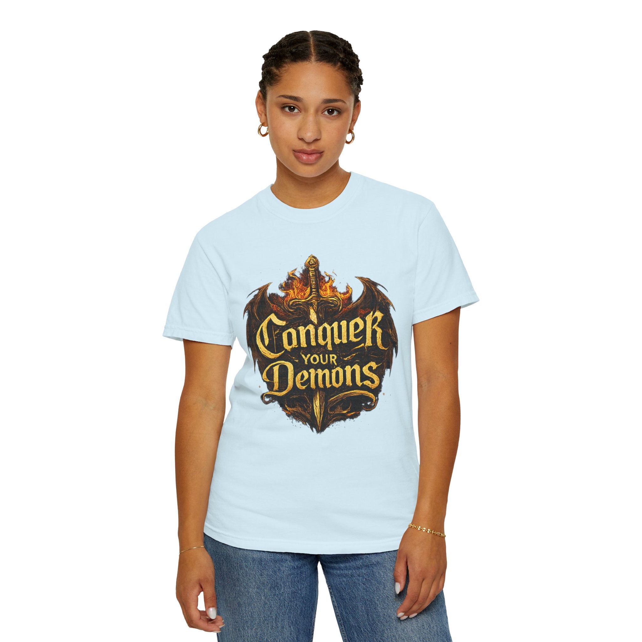 Conquer Your Demons T-Shirt — Gothic Sword & Flames Motivational Tee
